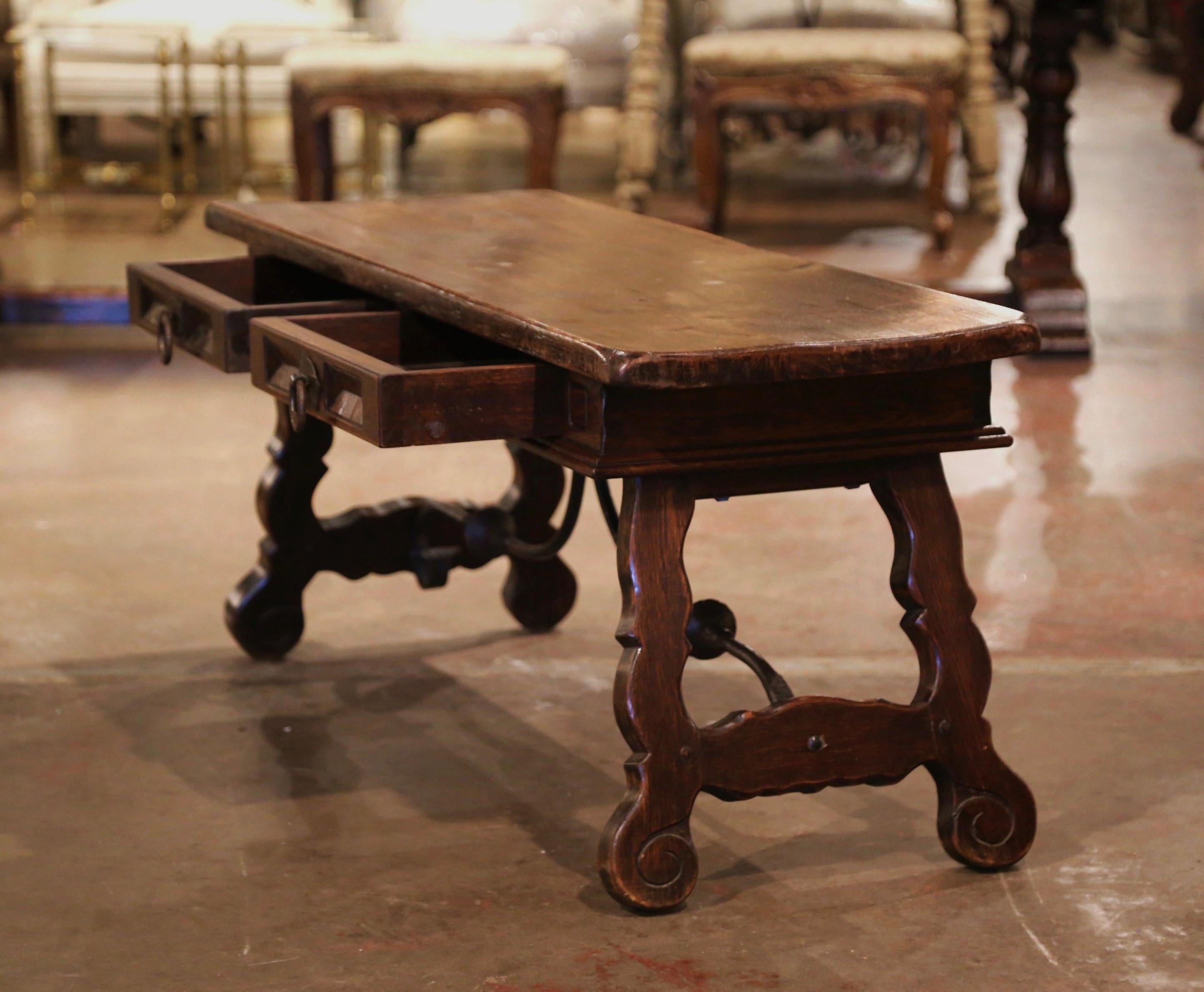 Mid-Century Spanish Carved Walnut Coffee Table with Iron Stretcher and Drawers 3