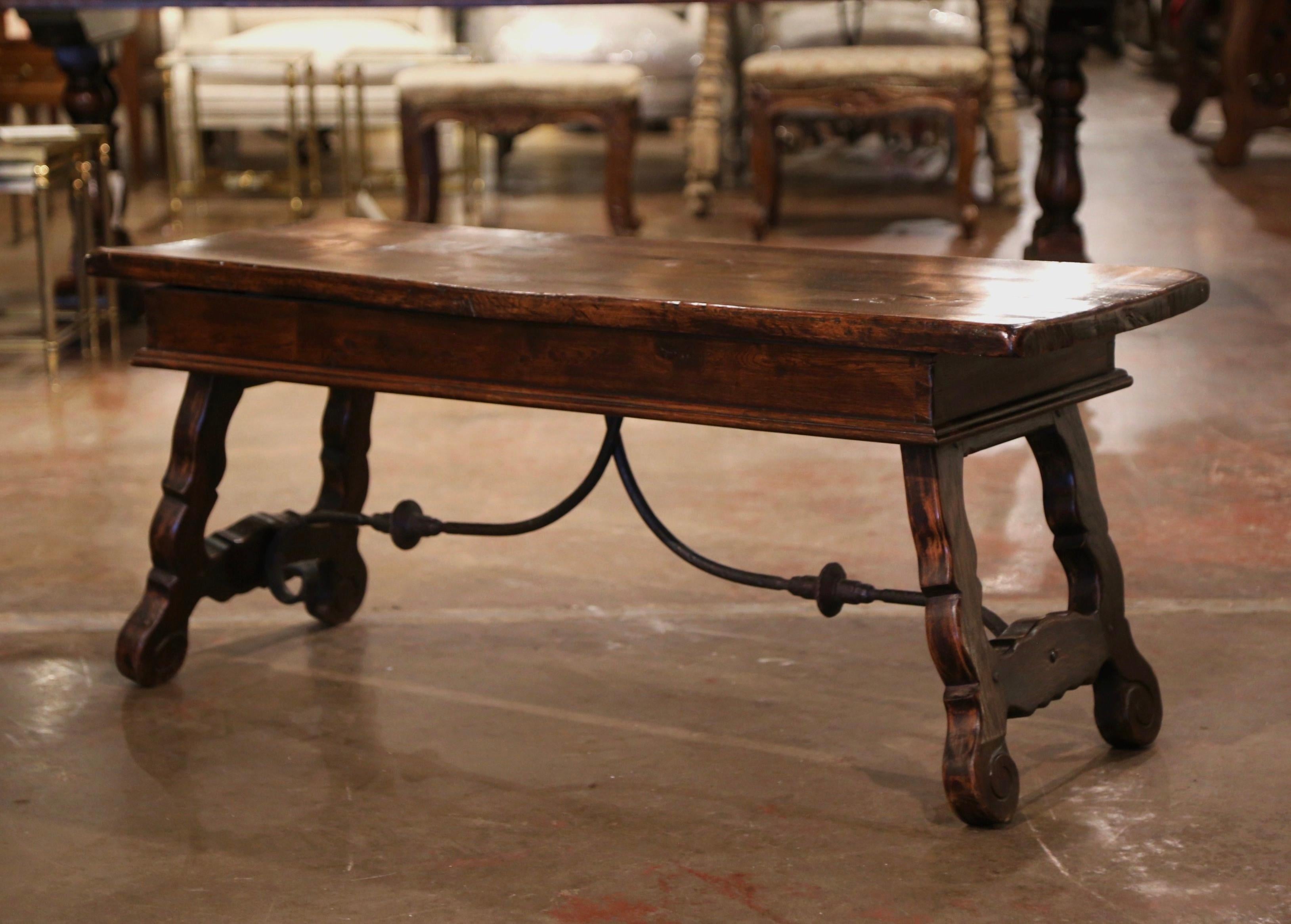 Mid-Century Spanish Carved Walnut Coffee Table with Iron Stretcher and Drawers 5