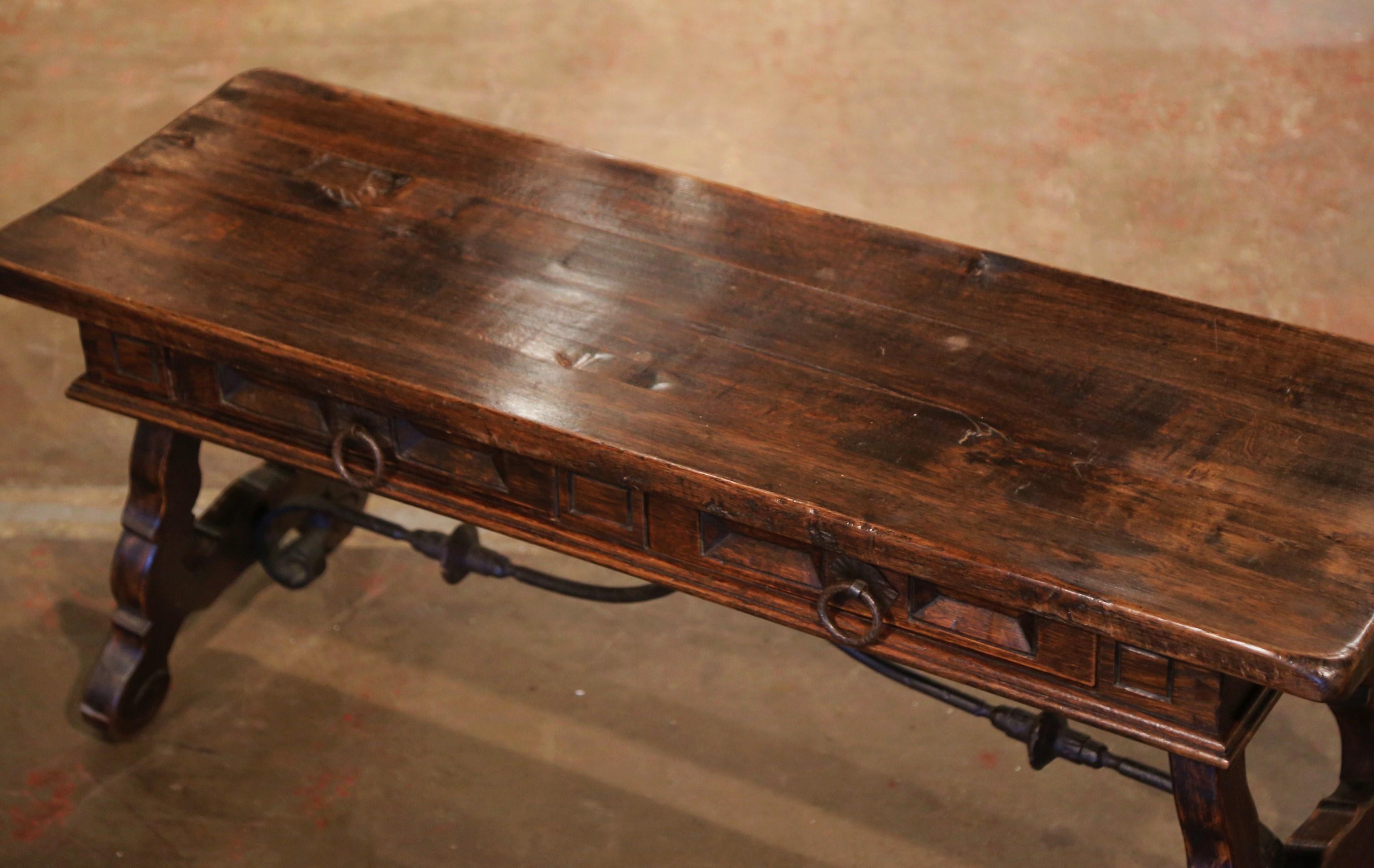 Louis XIII Mid-Century Spanish Carved Walnut Coffee Table with Iron Stretcher and Drawers