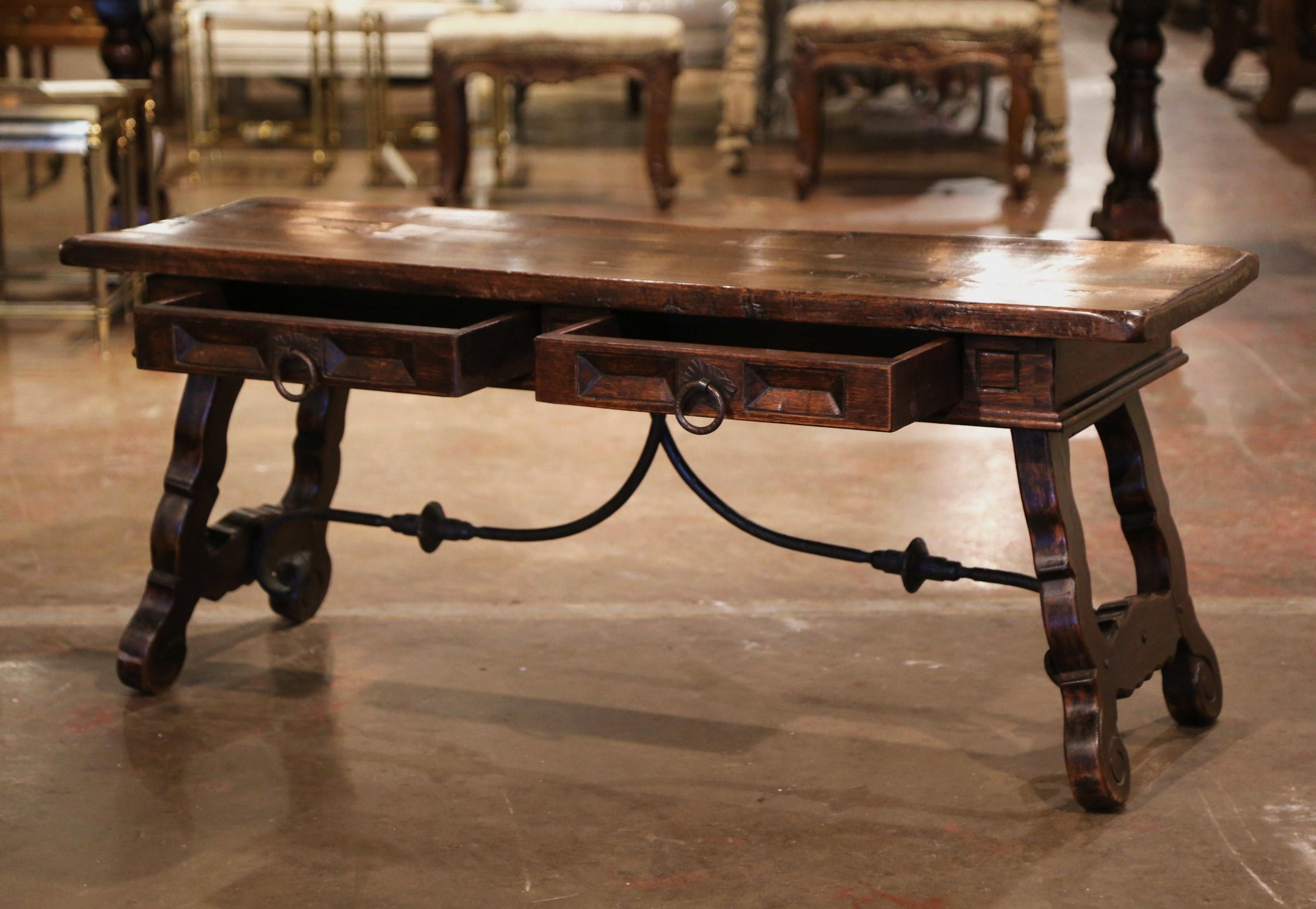 Mid-Century Spanish Carved Walnut Coffee Table with Iron Stretcher and Drawers 1