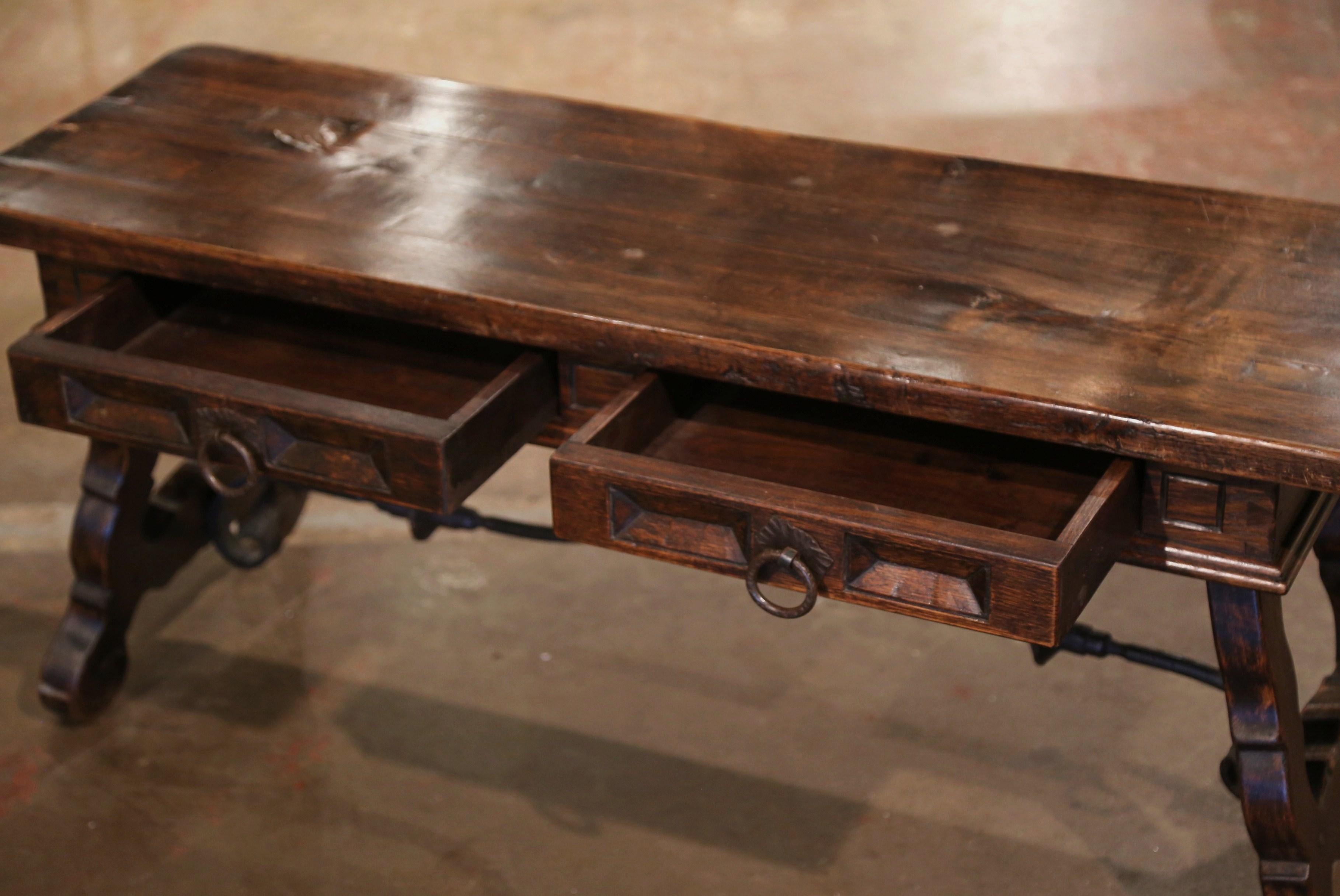 Mid-Century Spanish Carved Walnut Coffee Table with Iron Stretcher and Drawers 2