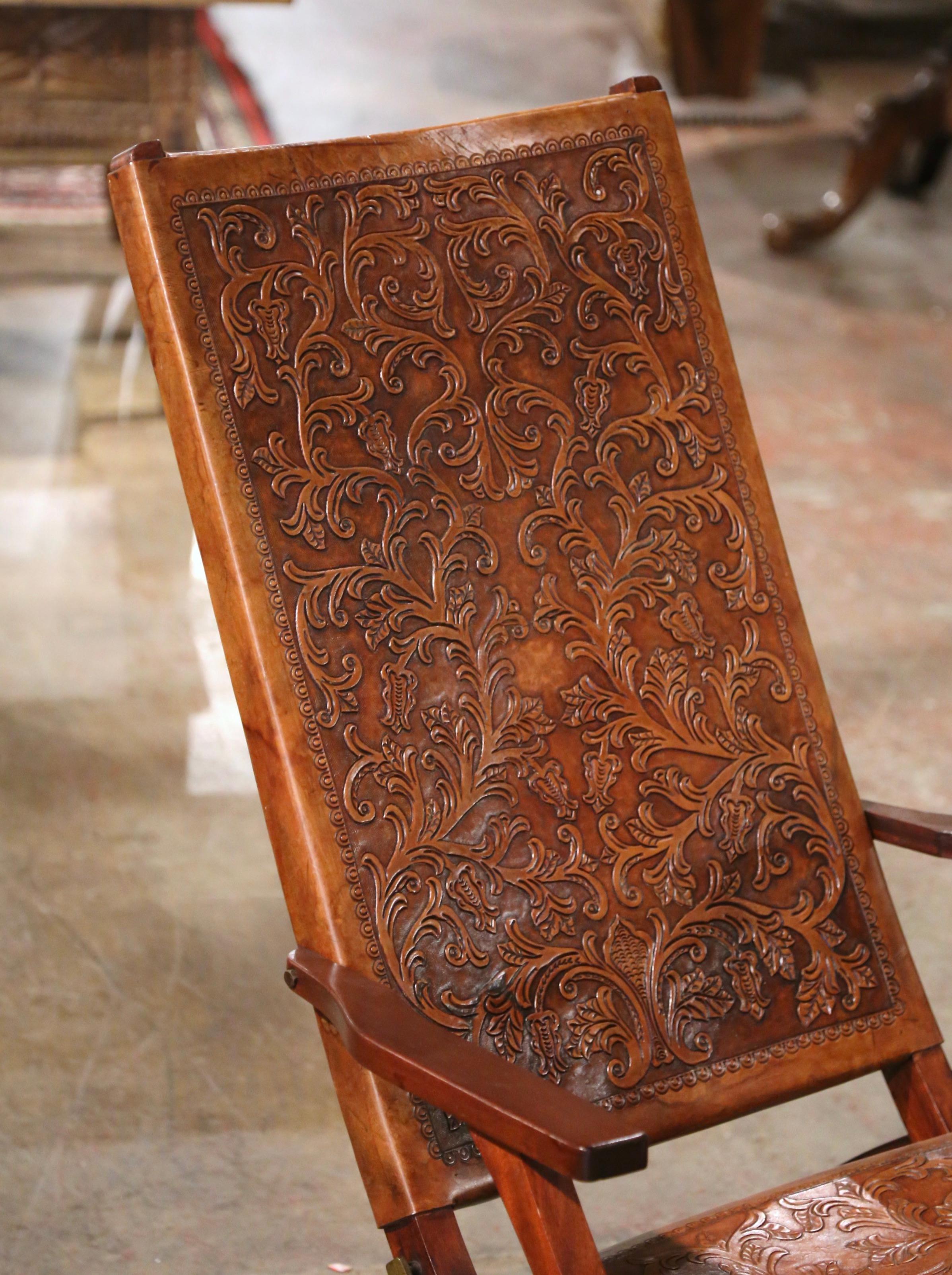 Mid-Century Spanish Carved Walnut Folding Chair with Original Embossed Leather For Sale 5