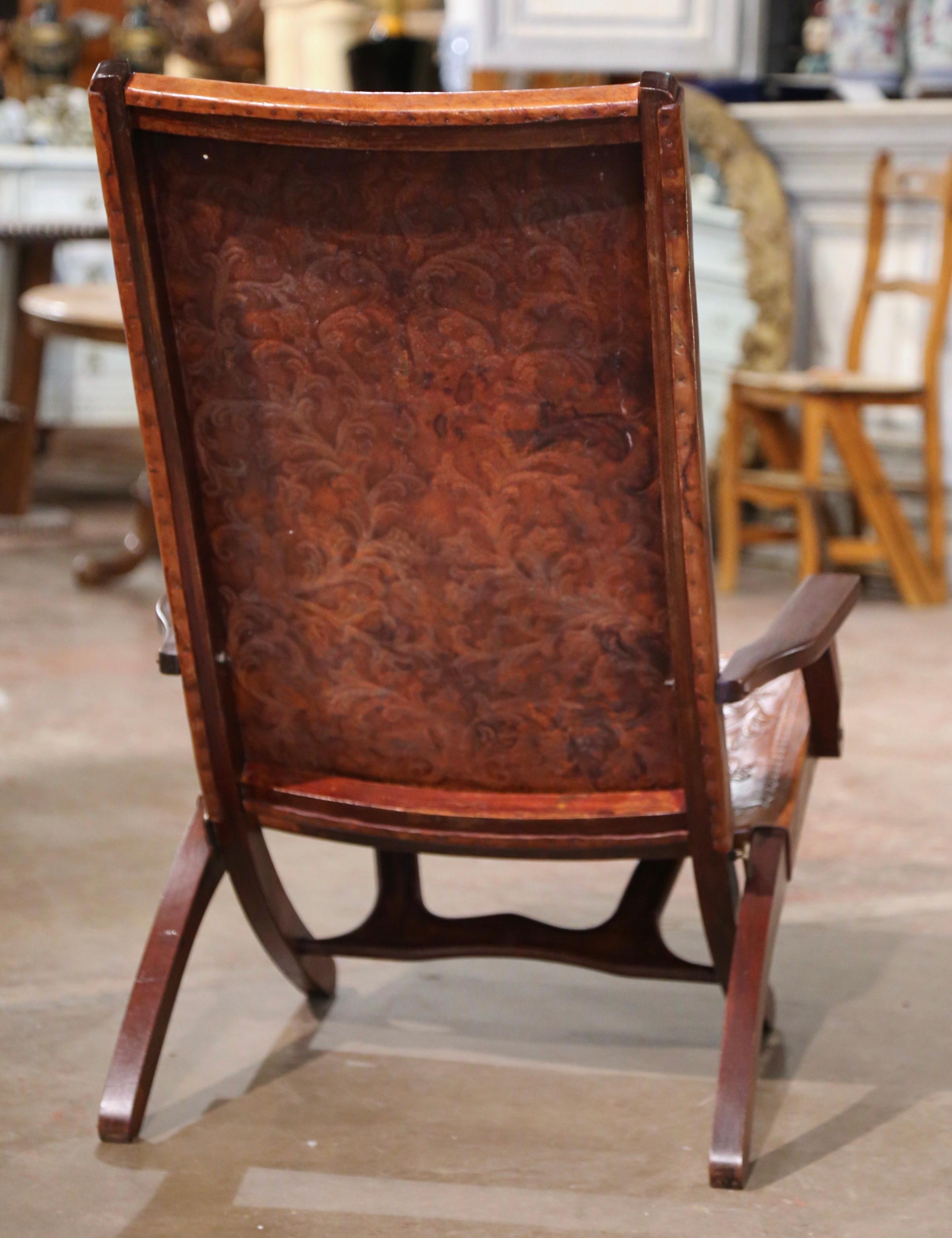 Mid-Century Spanish Carved Walnut Folding Chair with Original Embossed Leather For Sale 8