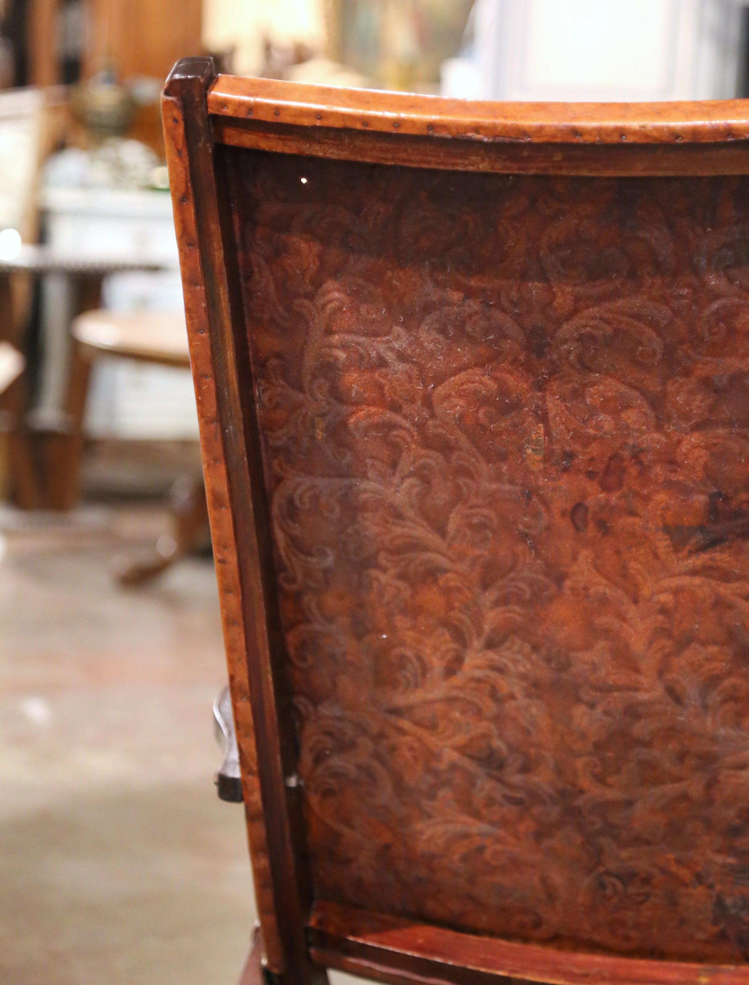 Mid-Century Spanish Carved Walnut Folding Chair with Original Embossed Leather For Sale 9