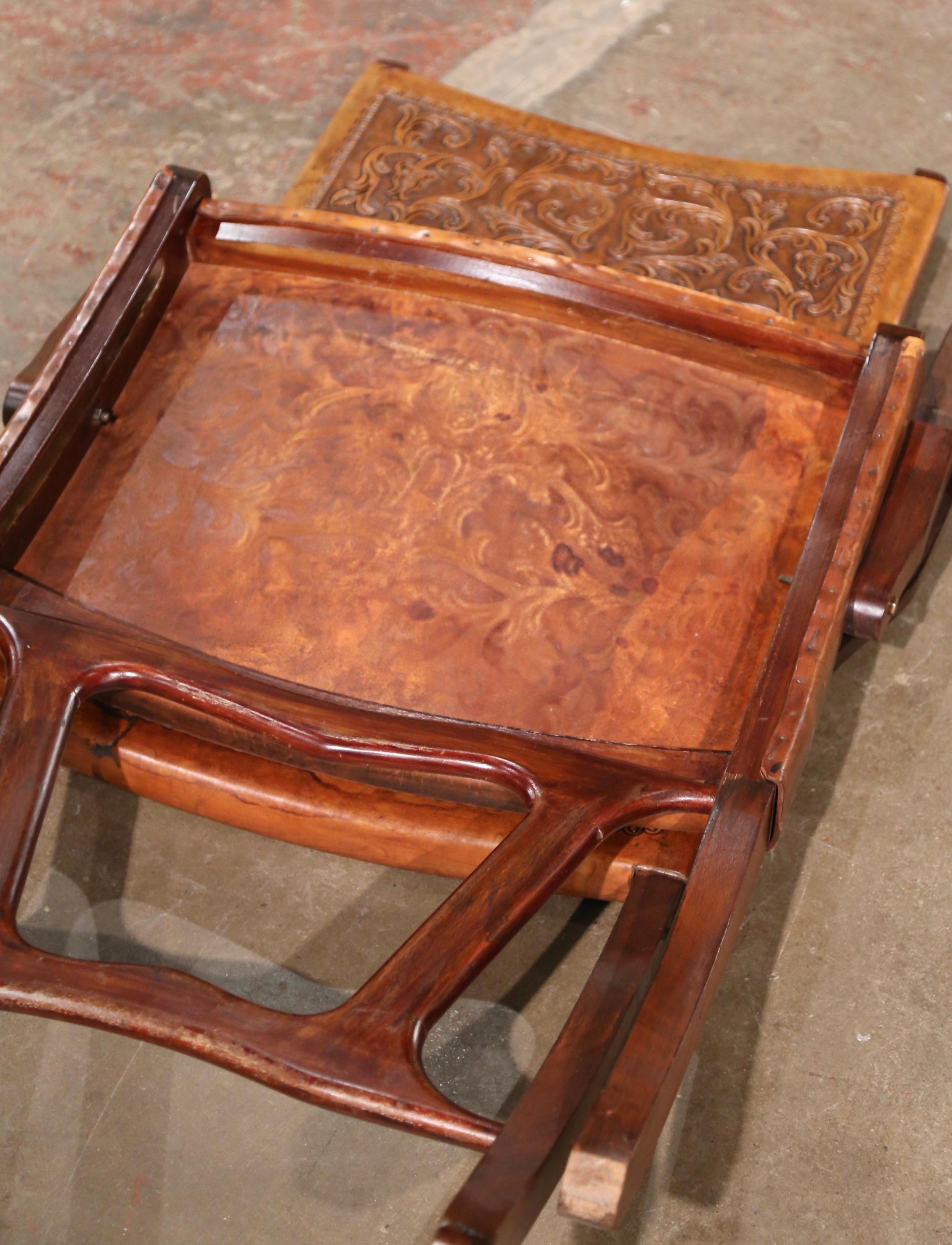 Mid-Century Spanish Carved Walnut Folding Chair with Original Embossed Leather For Sale 12