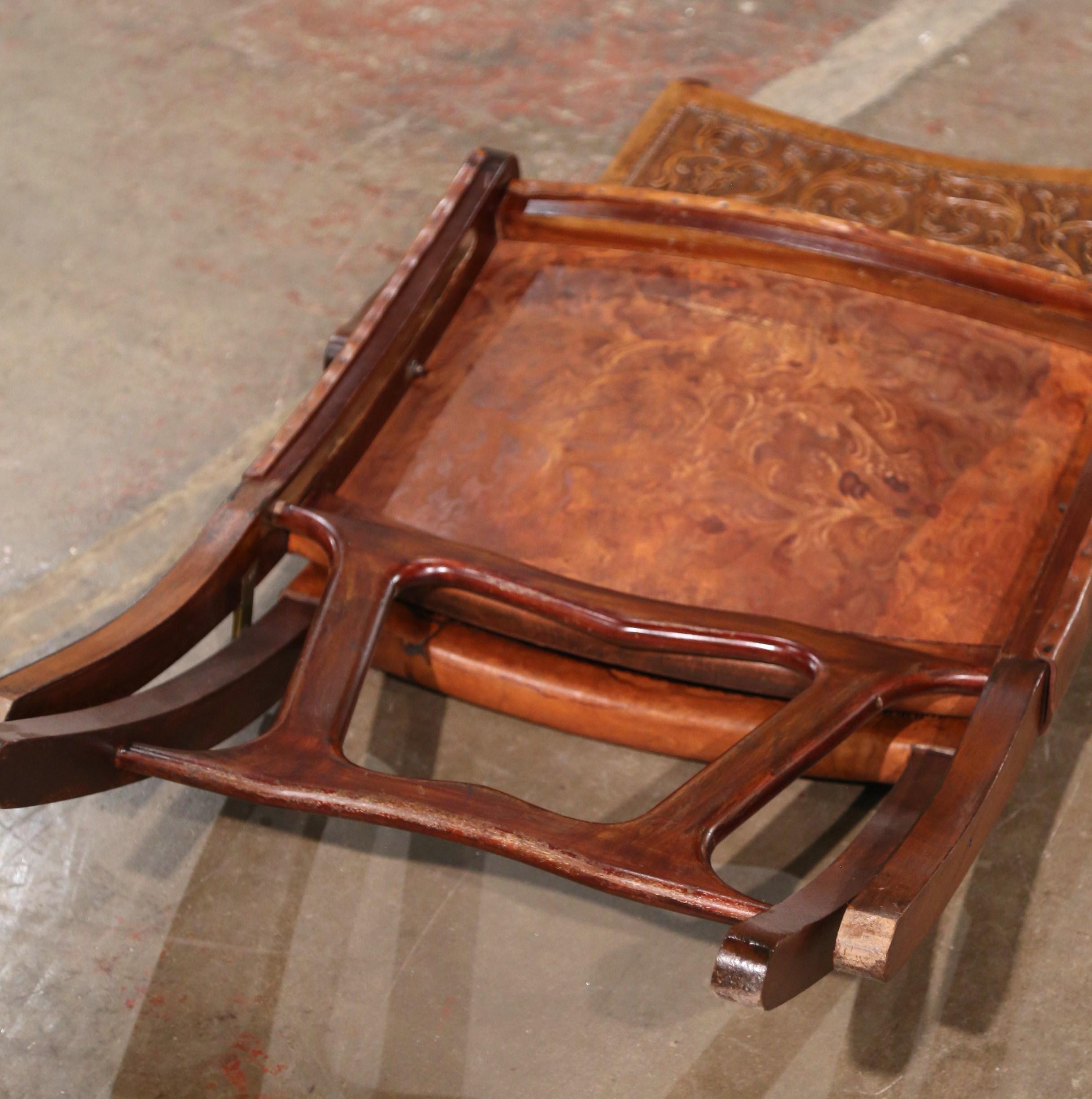 Mid-Century Spanish Carved Walnut Folding Chair with Original Embossed Leather For Sale 13