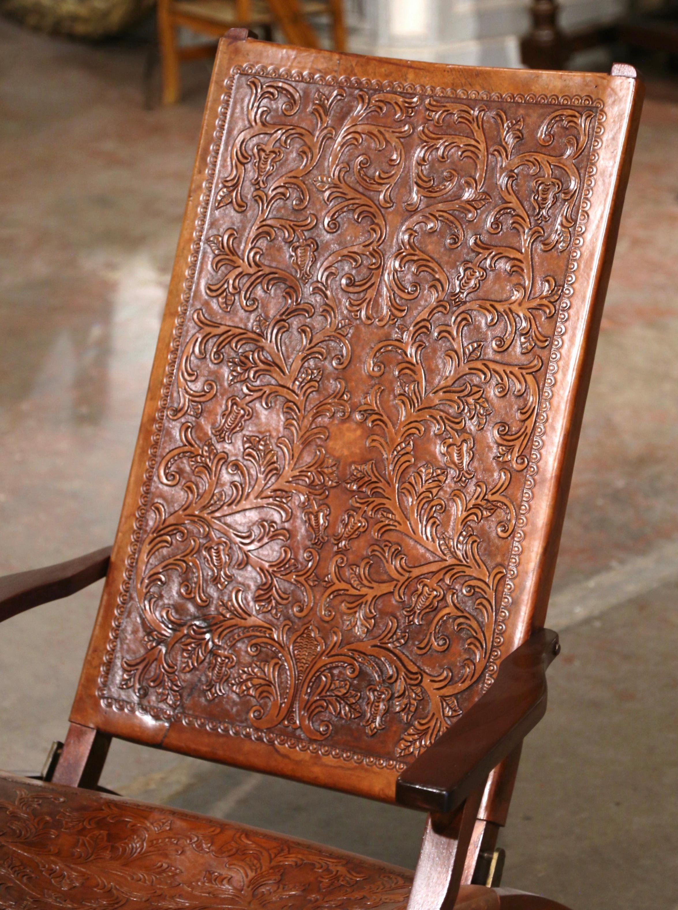 Mid-Century Spanish Carved Walnut Folding Chair with Original Embossed Leather For Sale 1