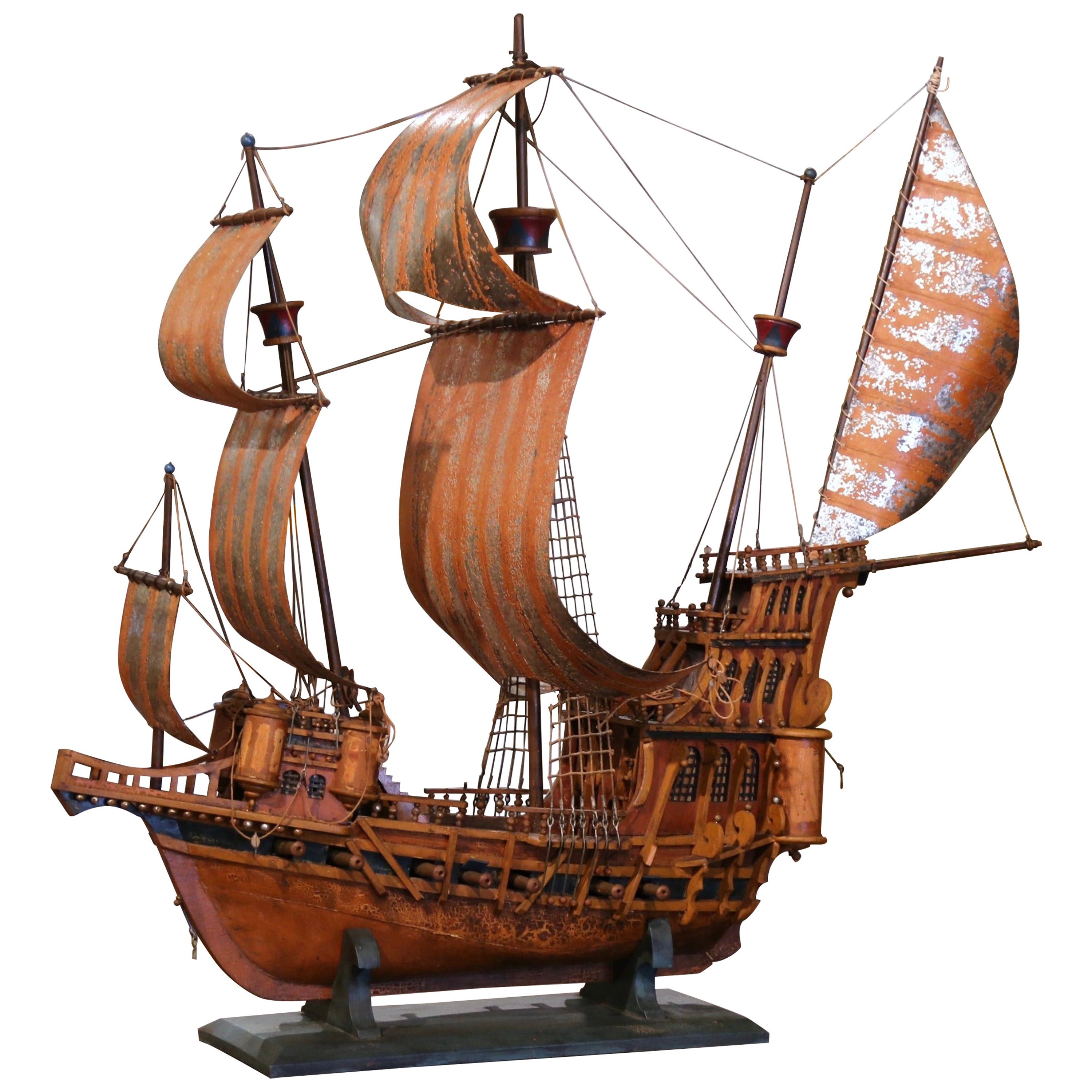 Mid-Century Spanish Carved Wood and Metal Model Ship
