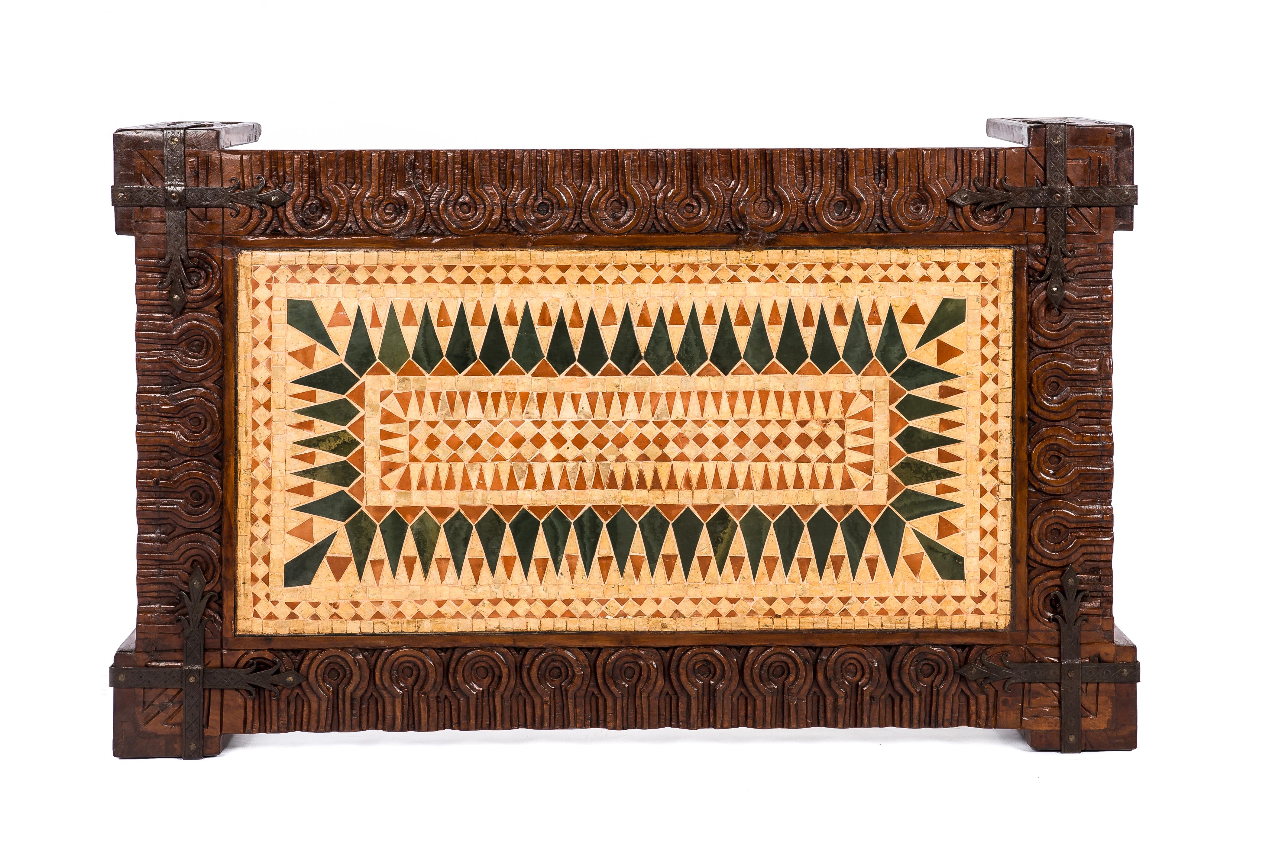 Moorish Mid-Century Spanish Chestnut Hand-Carved Coffee Table with Geometric Tile Panel