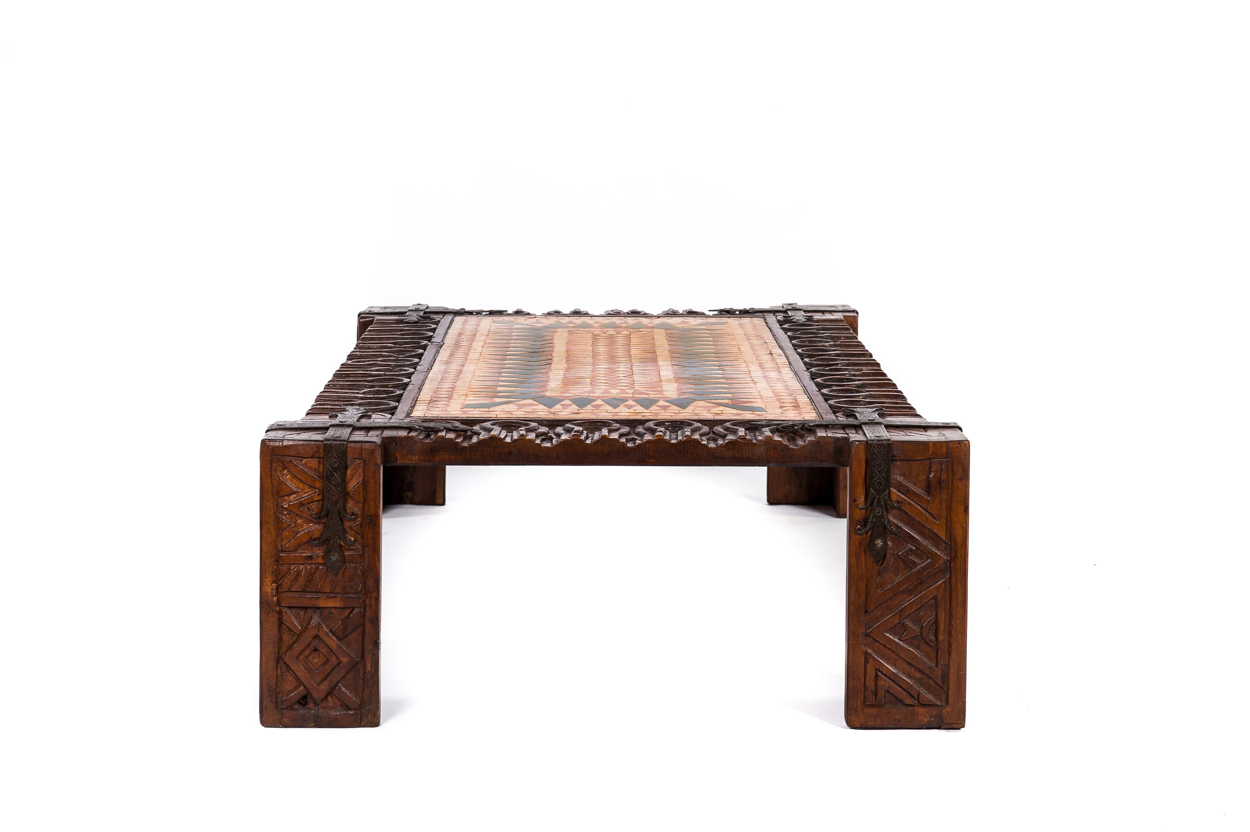 Polished Mid-Century Spanish Chestnut Hand-Carved Coffee Table with Geometric Tile Panel