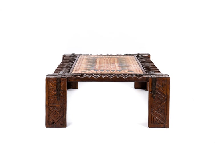 Polished Mid-Century Spanish Chestnut Hand-Carved Coffee Table with Geometric Tile Panel For Sale