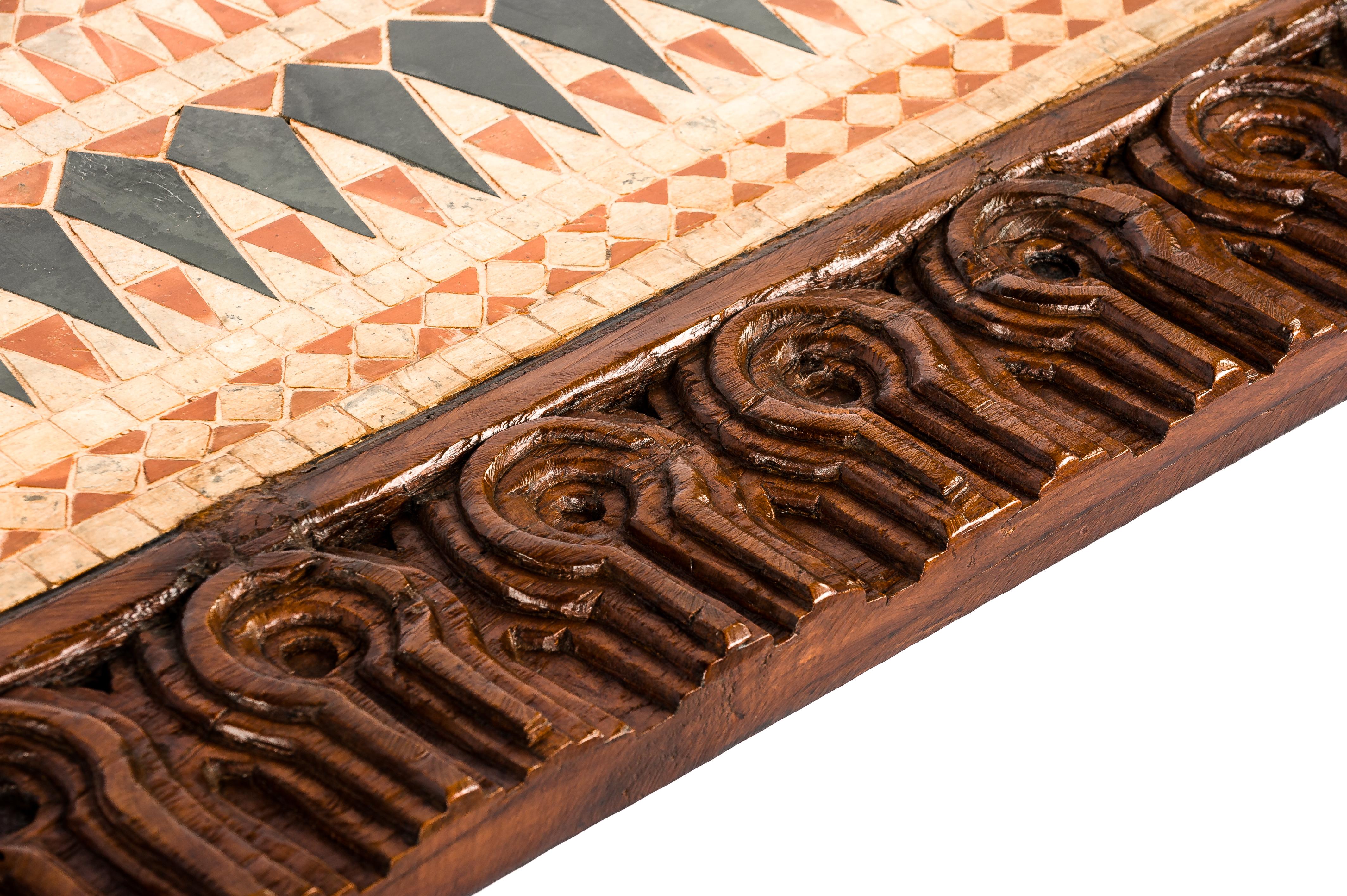 Mid-20th Century Mid-Century Spanish Chestnut Hand-Carved Coffee Table with Geometric Tile Panel
