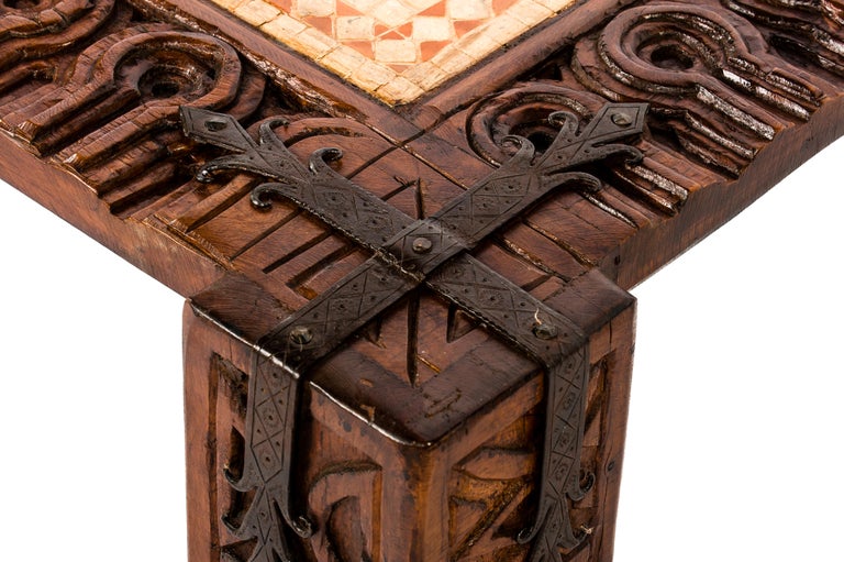 Mid-Century Spanish Chestnut Hand-Carved Coffee Table with Geometric Tile Panel For Sale 1