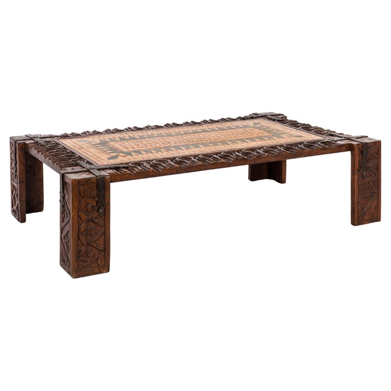 Mid-Century Spanish Chestnut Hand-Carved Coffee Table with Geometric Tile Panel For Sale