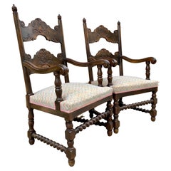 Mid-Century Spanish Colonial Carved Walnut Armchairs, Set of 2