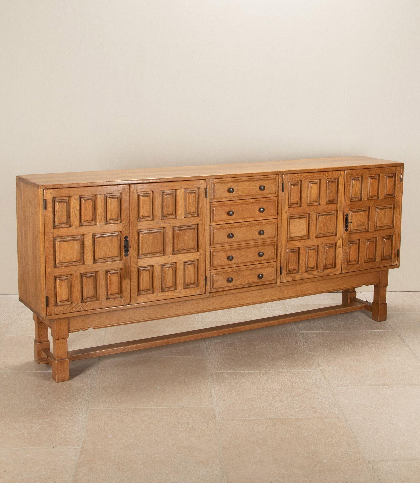 Mid-Century Spanish Brutalist sideboard with Geometric design in pale oak.