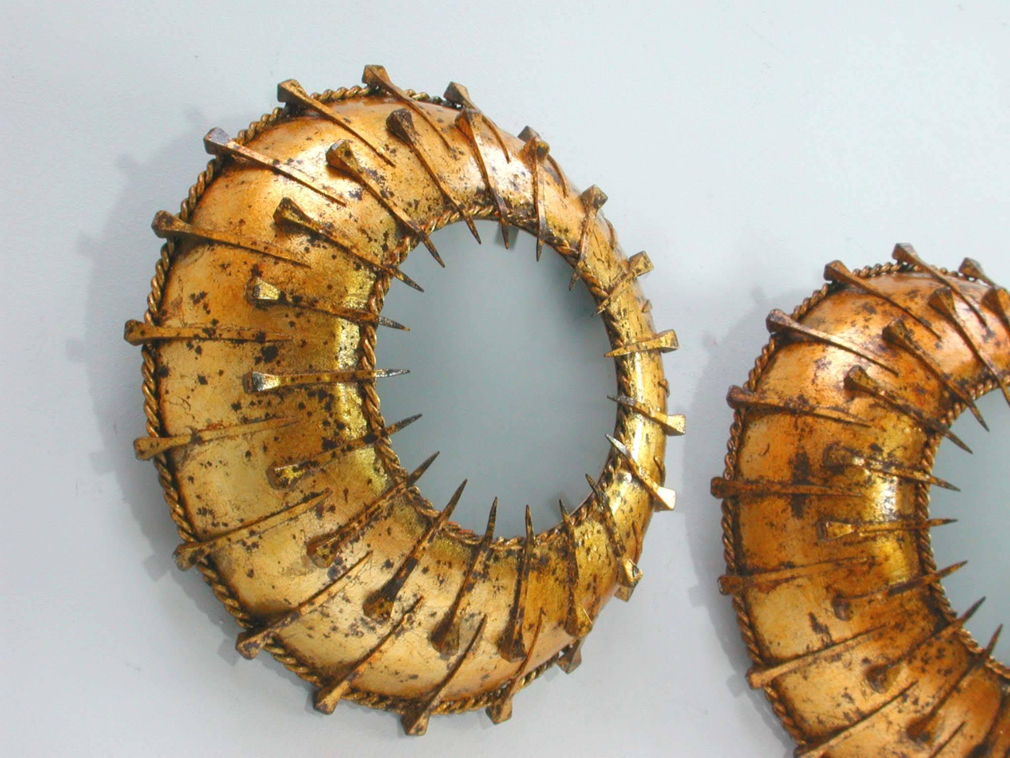 Frosted Spanish Sunburst Gilt and Satin Glass Sconce or Flush Mount 1950s, 2 available For Sale