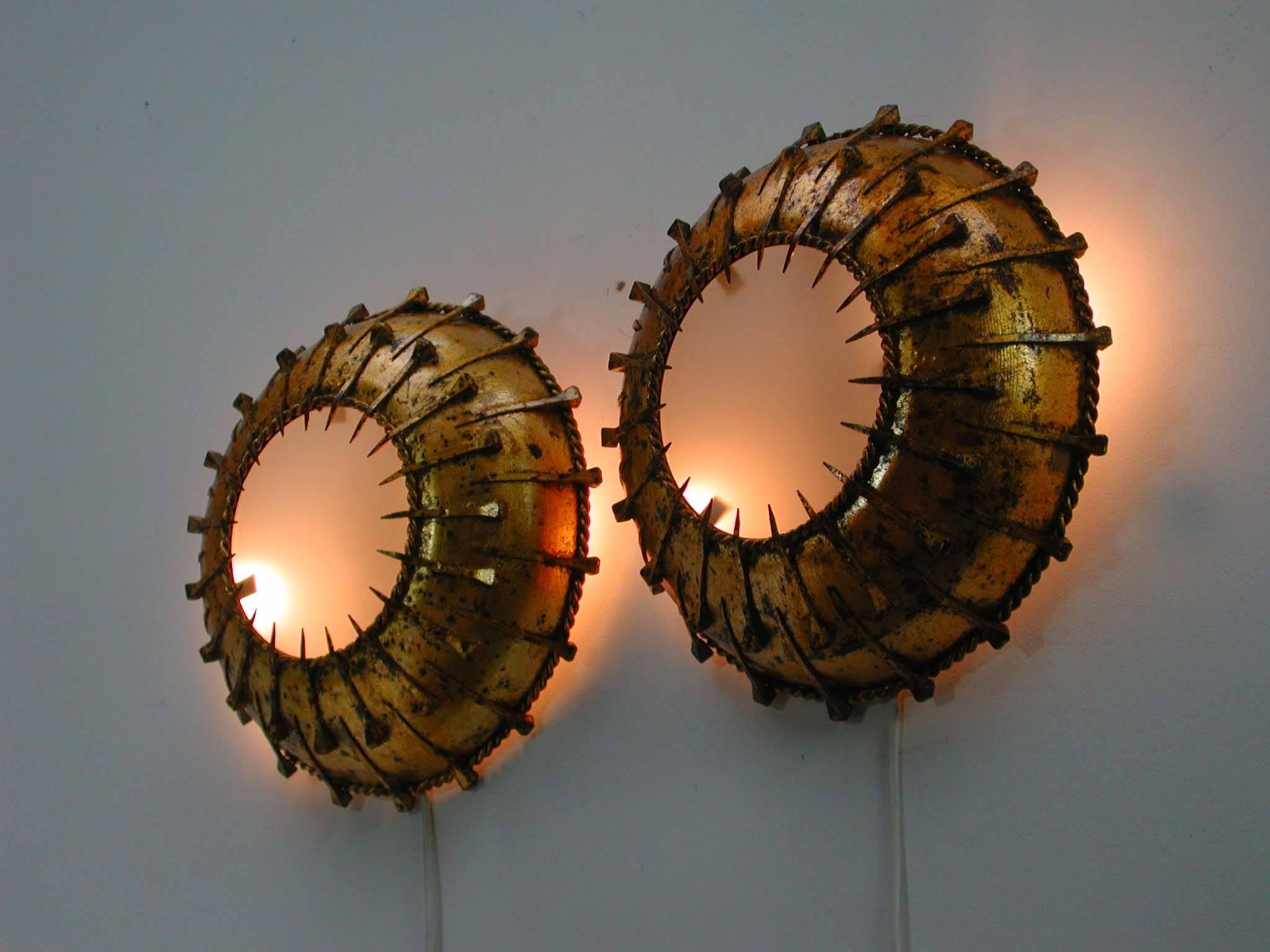 Spanish Sunburst Gilt and Satin Glass Sconce or Flush Mount 1950s, 2 available For Sale 2