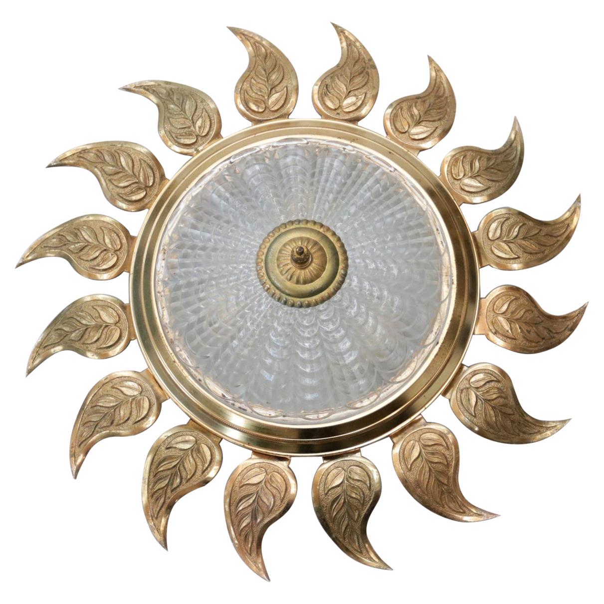 Mid-Century Spanish Gilt Iron Sunburst Wall Light Flush Mount Ceiling Light