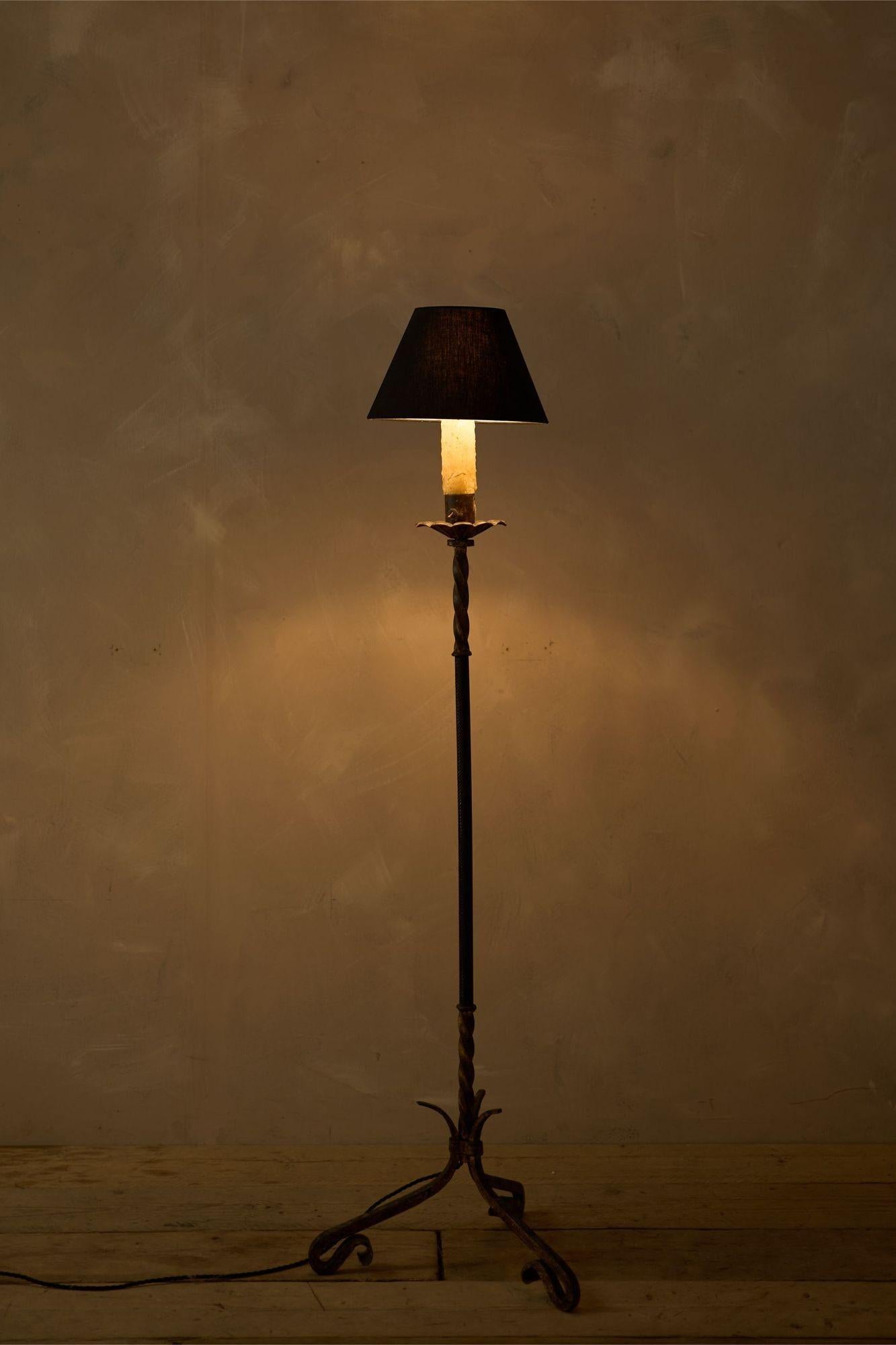 20th Century Mid Century Spanish Gilt Metal And Leather Floor Lamp