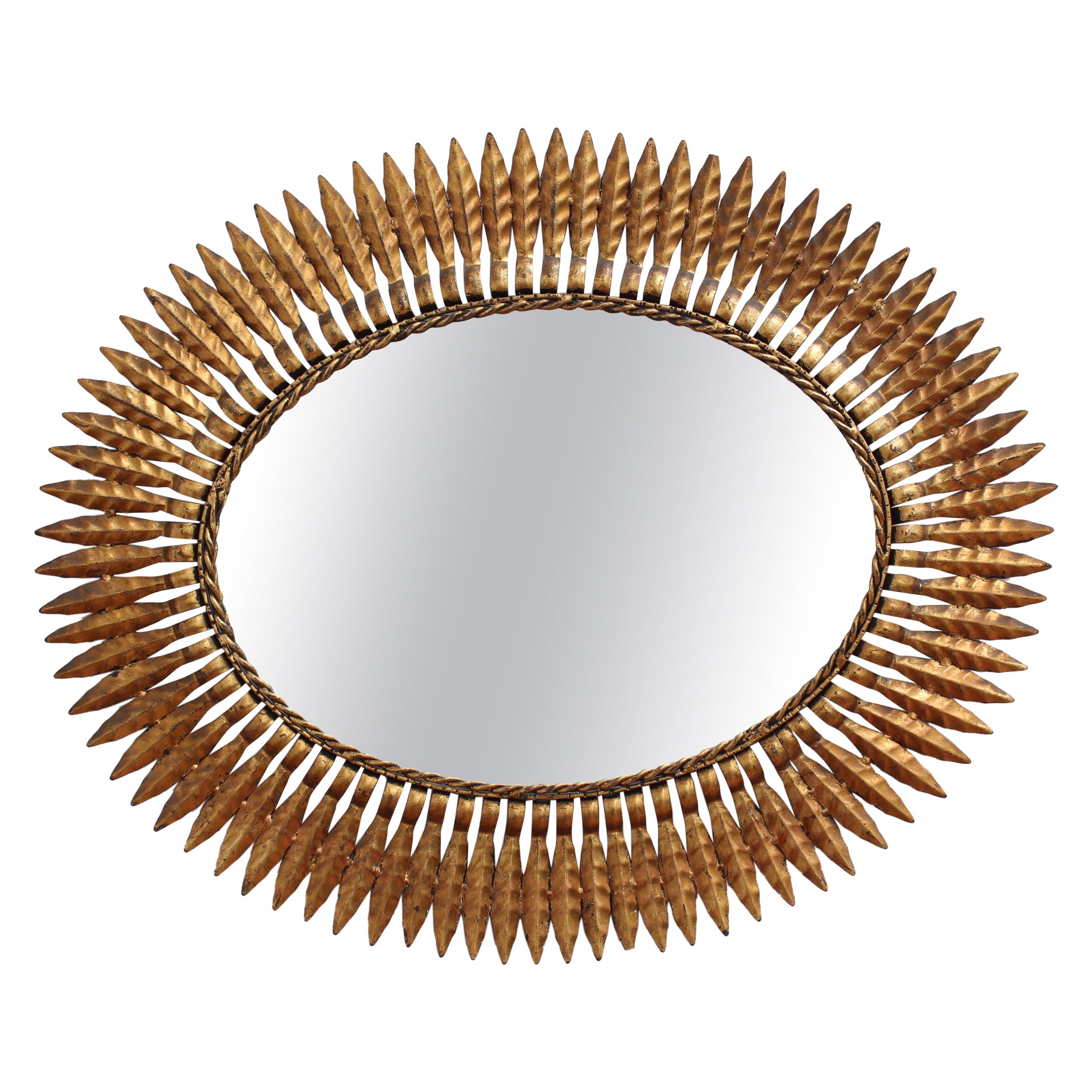 Mid-Century Spanish Gilt Metal Sunburst Mirror with Leaf Motif (circa 1960s)