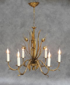 Mid-Century Spanish Gilt Tôle Botanical Six-Light Chandelier C1950s