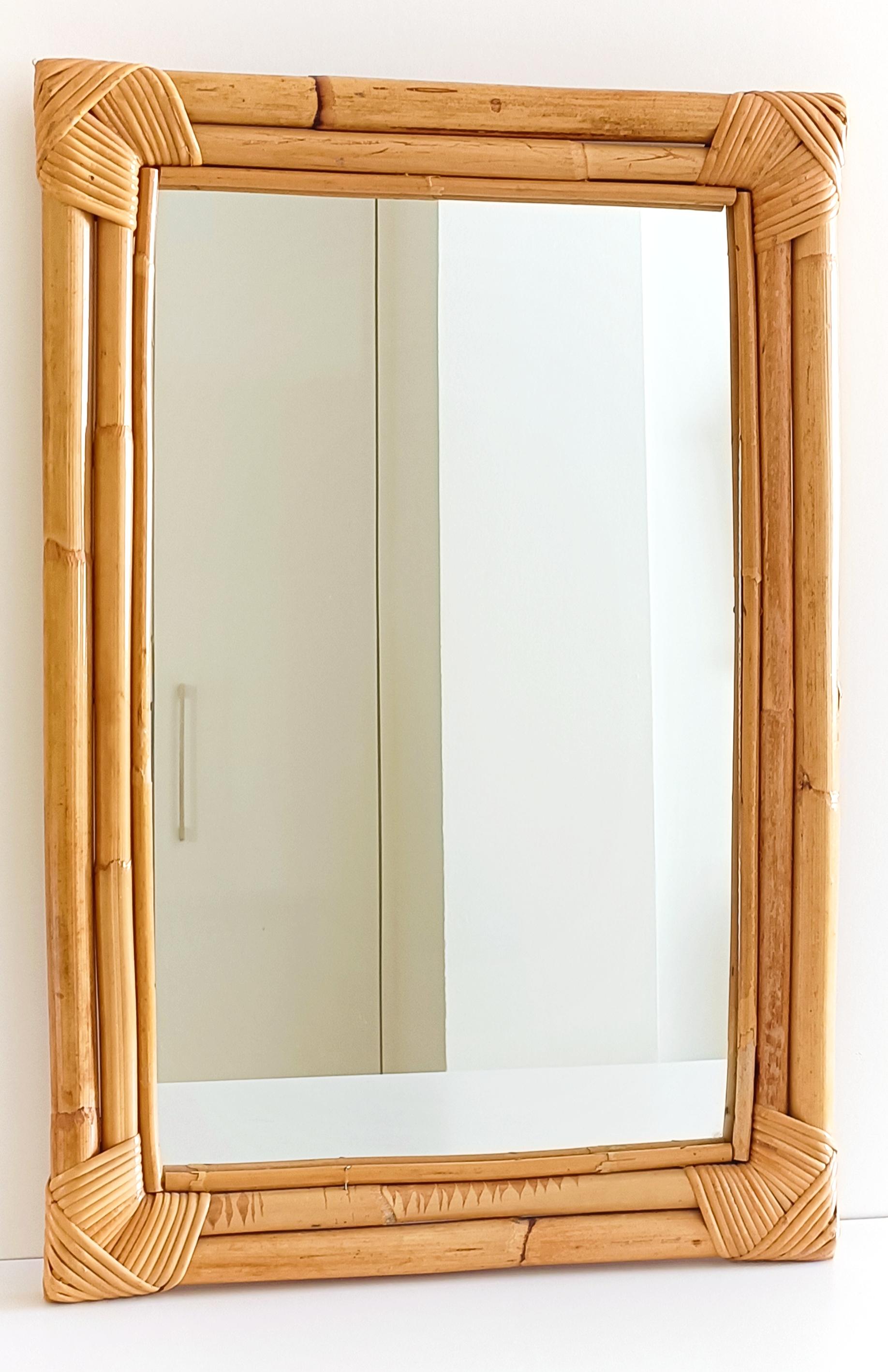 Hand-Crafted Mid Century Bamboo and Rattan Handmade Wall Mirror, Spain, 1960s