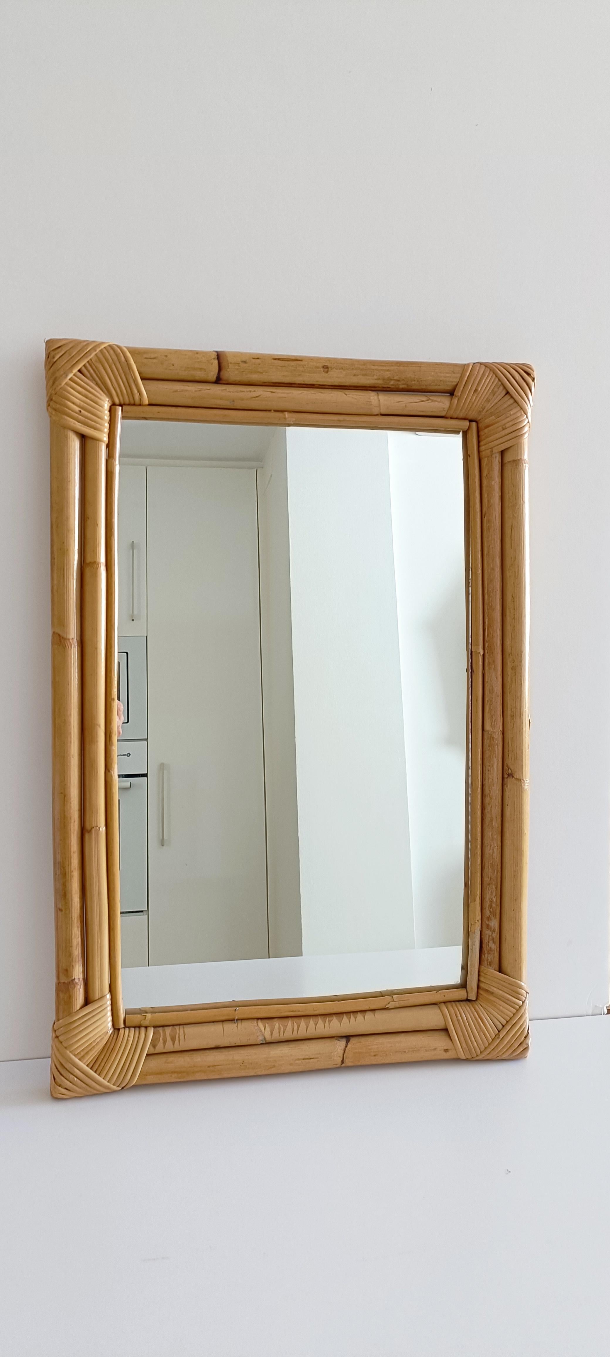 Mid-20th Century Mid Century Bamboo and Rattan Handmade Wall Mirror, Spain, 1960s