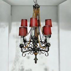 Mid-Century Spanish Iron & Fruitwood Chandelier Tole Metal Shades Beads -8 Arm