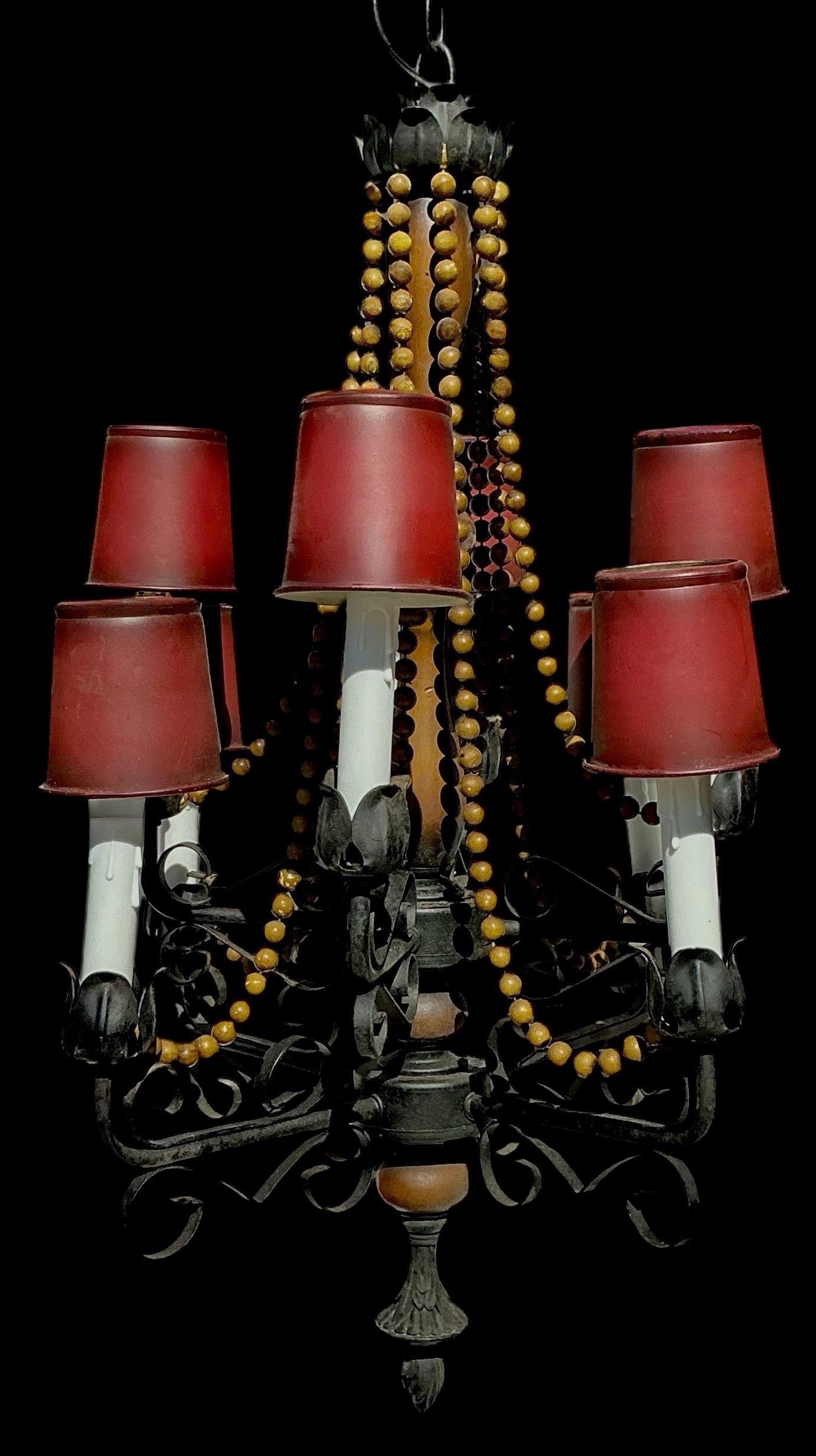 Rustic Mid-Century Spanish Iron & Fruitwood Chandelier Tole Metal Shades Beads -8 Arm For Sale