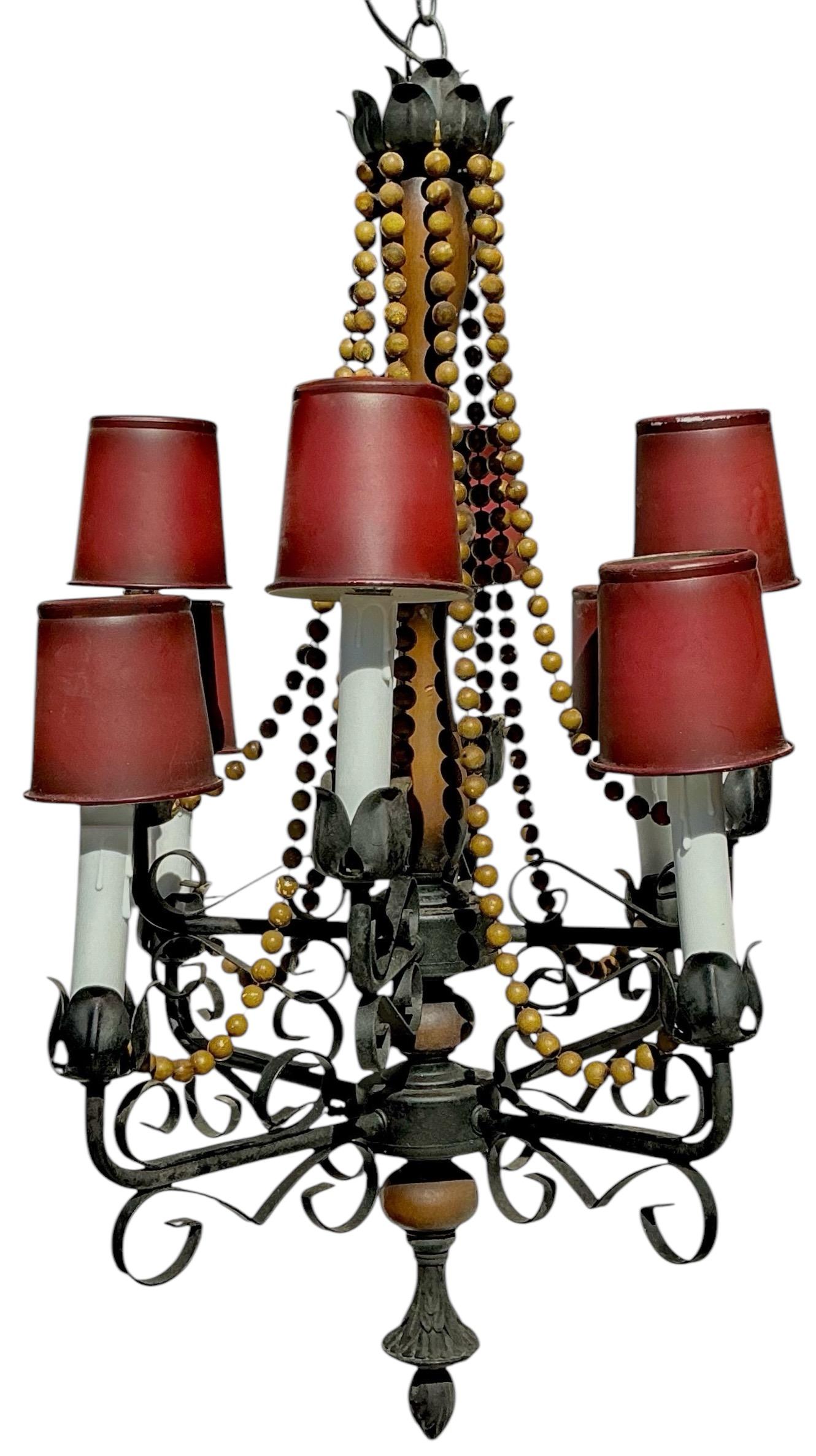 20th Century Mid-Century Spanish Iron & Fruitwood Chandelier Tole Metal Shades Beads -8 Arm For Sale