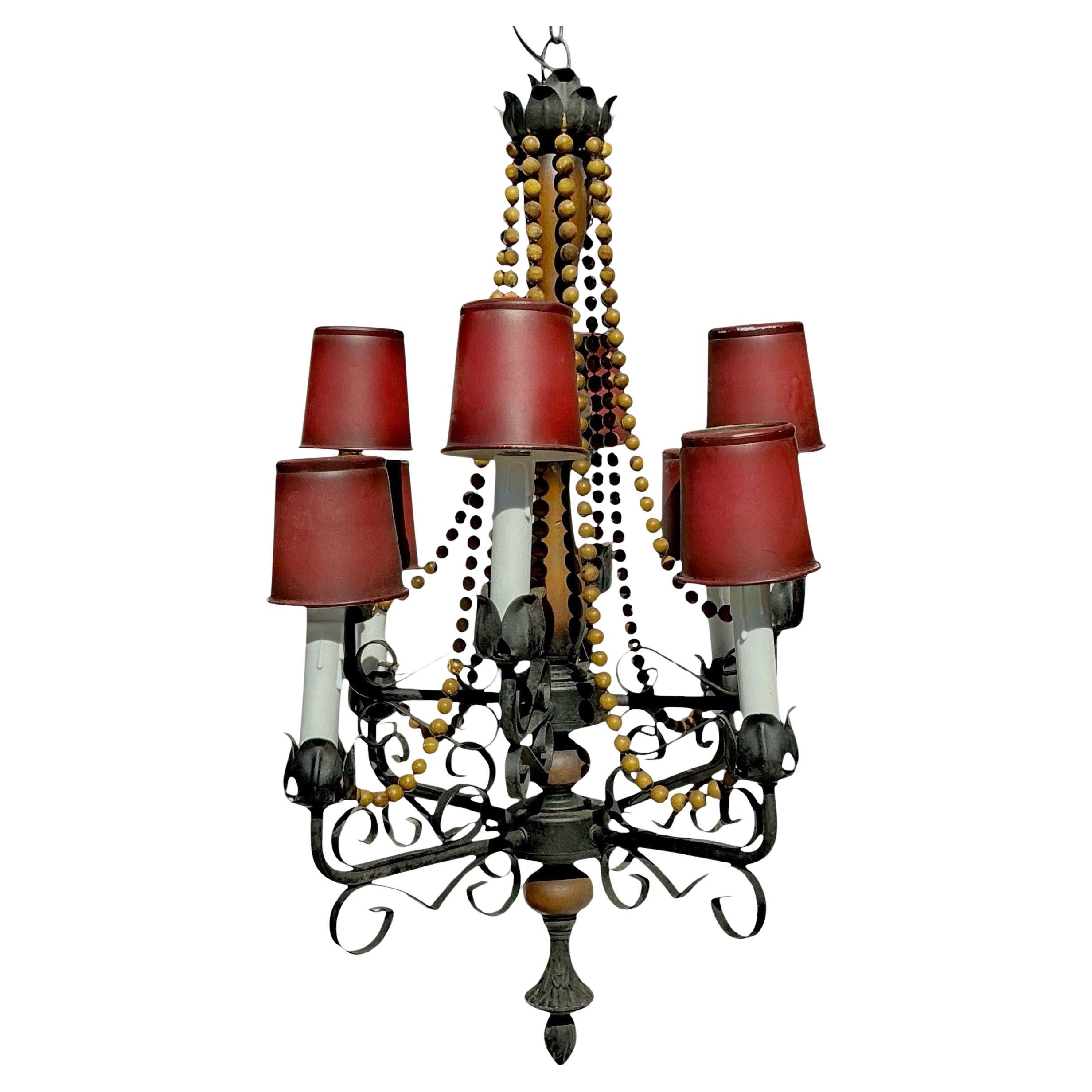 Mid-Century Spanish Iron & Fruitwood Chandelier Tole Metal Shades Beads -8 Arm For Sale
