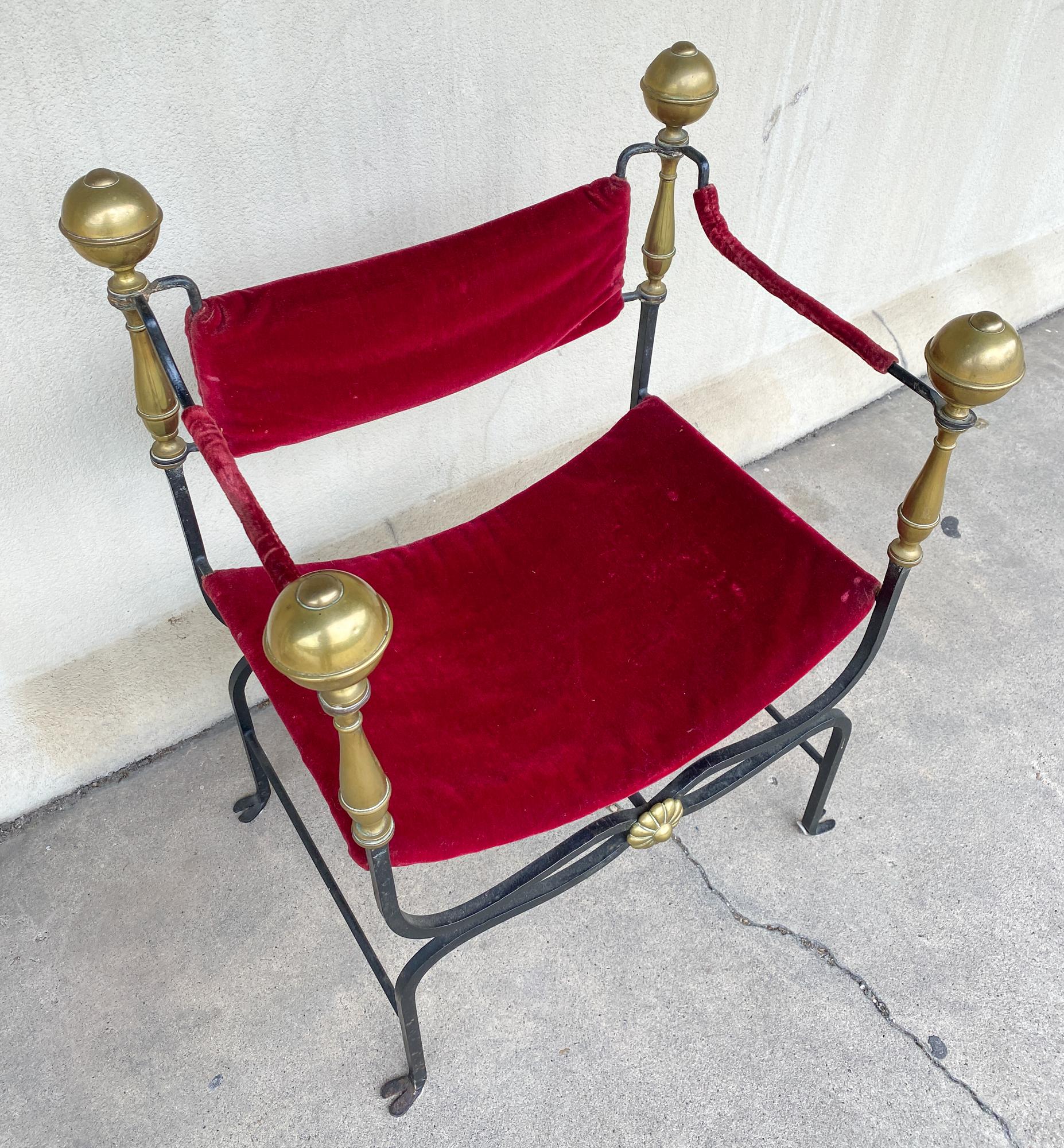 Midcentury Spanish Iron Savonarola Chair with Brass Accents and Red Velvet 5