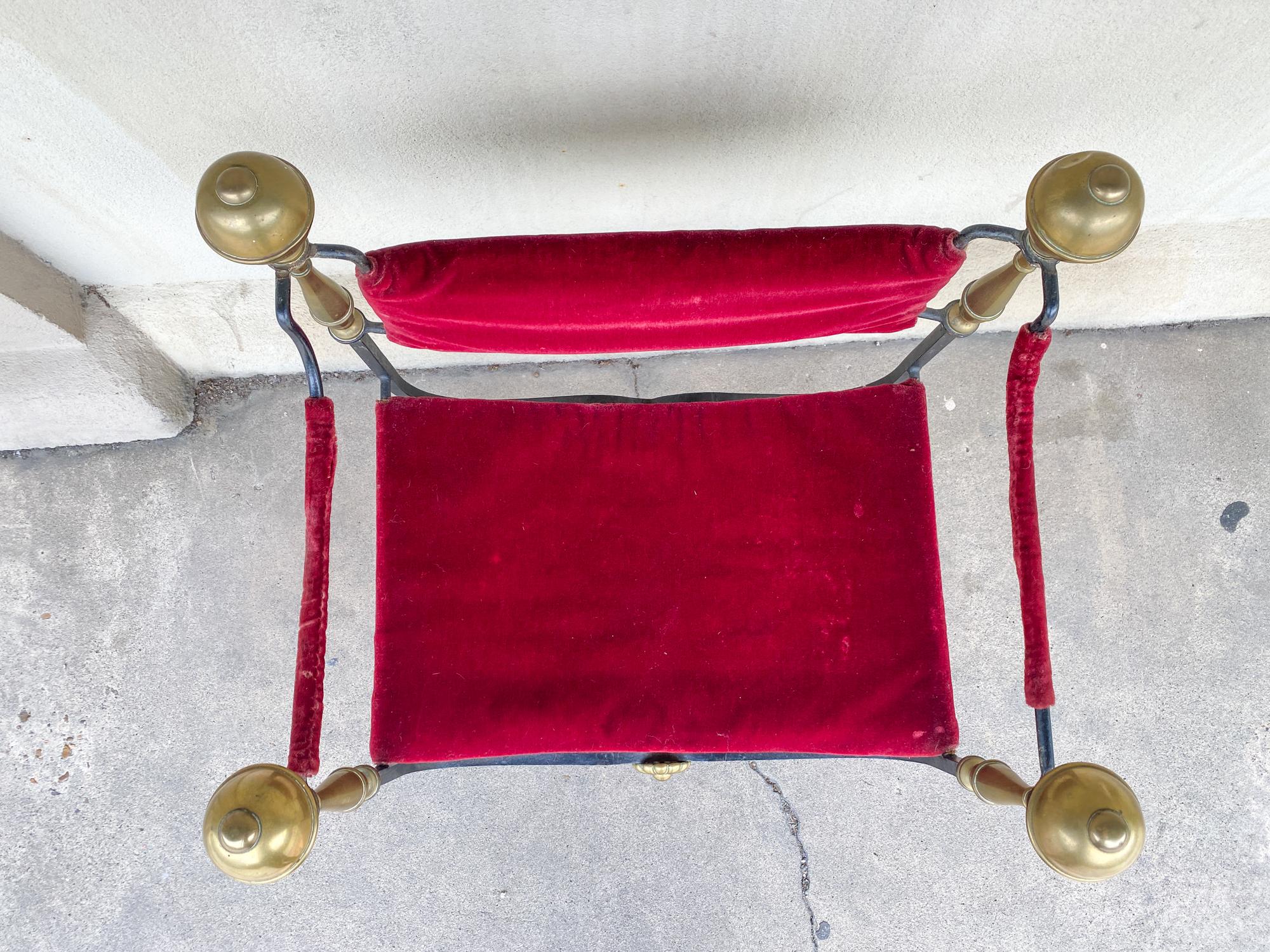 Midcentury Spanish Iron Savonarola Chair with Brass Accents and Red Velvet 6