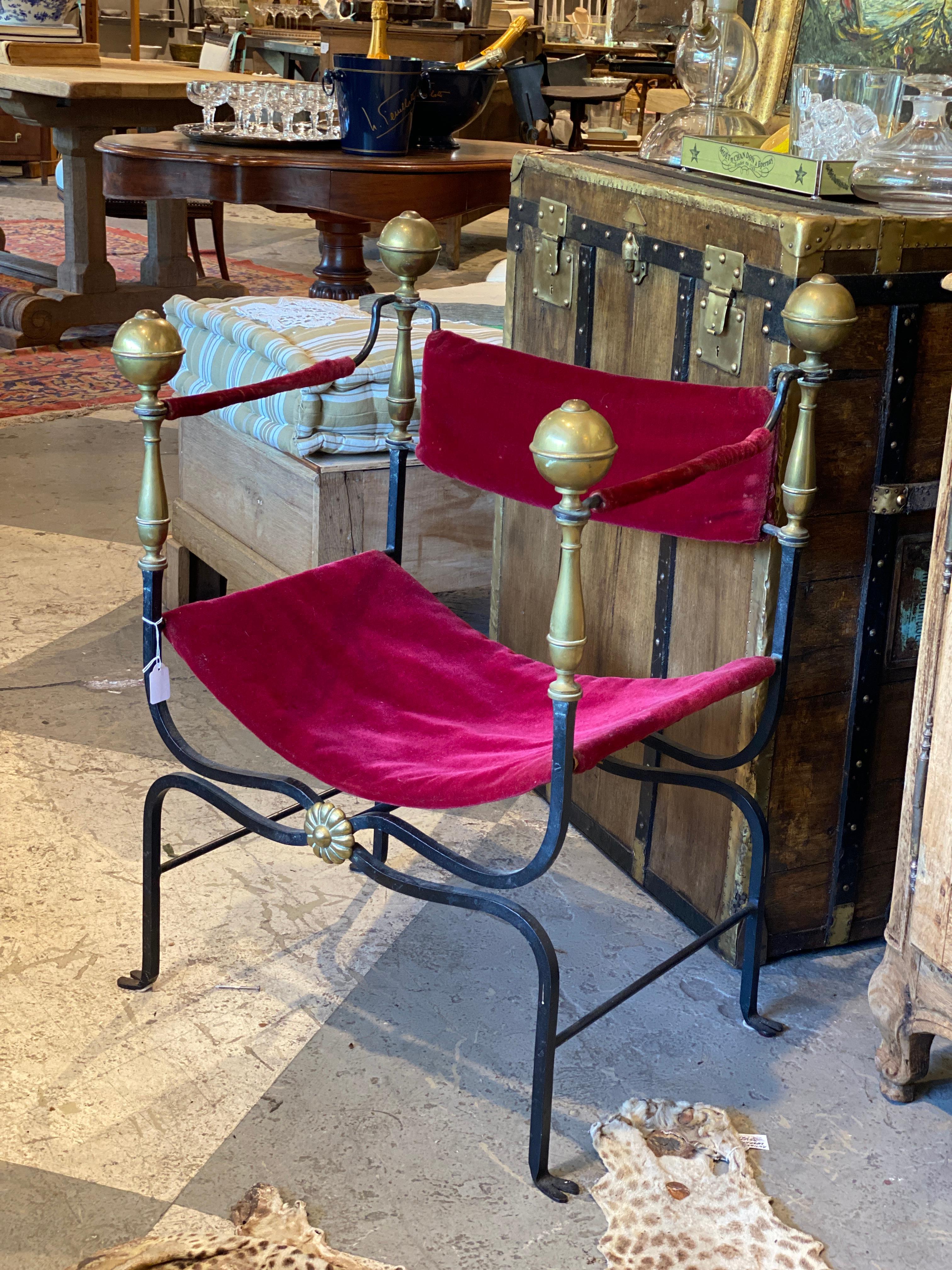 Midcentury Spanish Iron Savonarola Chair with Brass Accents and Red Velvet 12