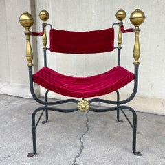 Midcentury Spanish Iron Savonarola Chair with Brass Accents and Red Velvet