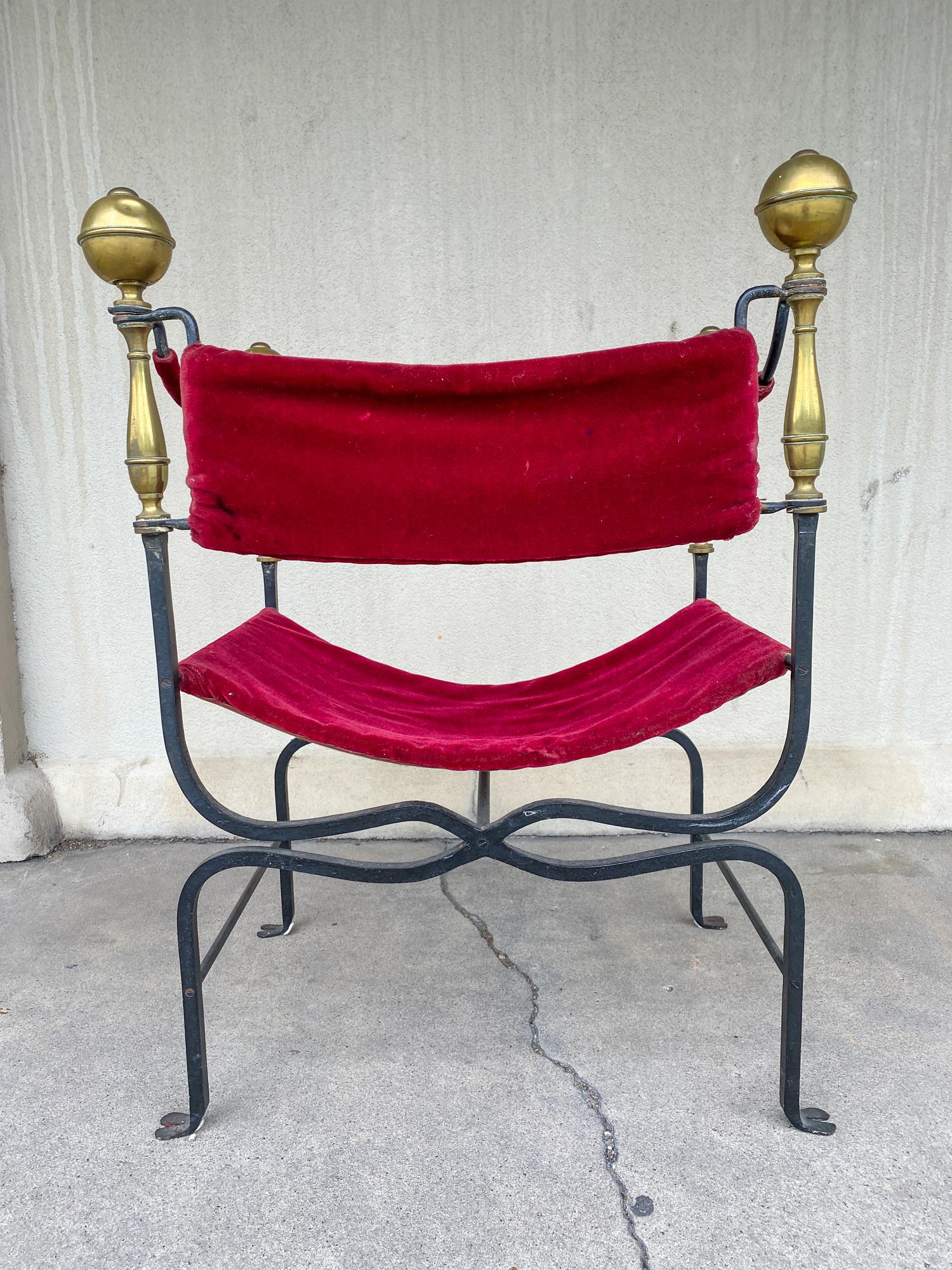 Midcentury Spanish Iron Savonarola Chair with Brass Accents and Red Velvet In Good Condition In Houston, TX