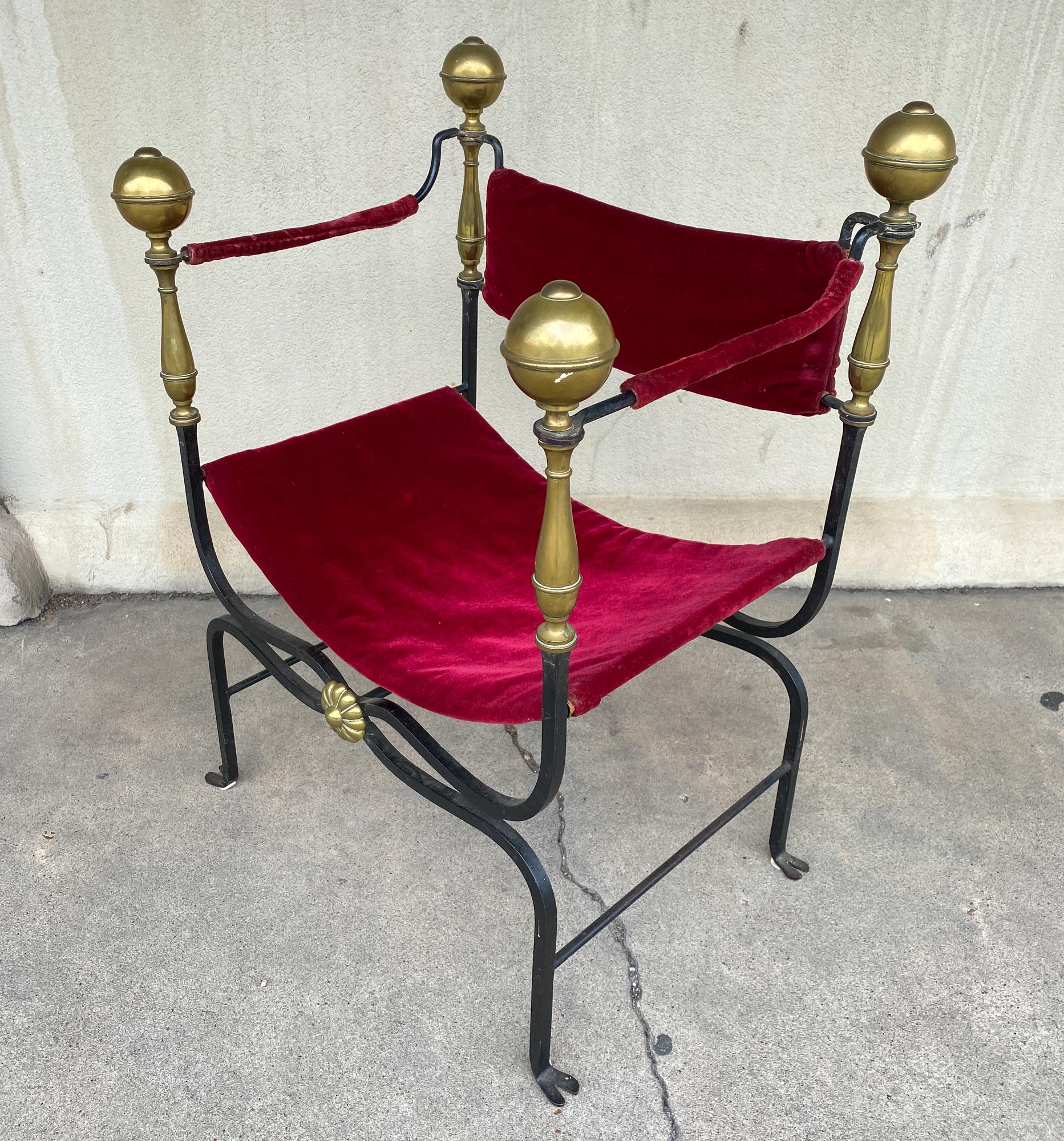 20th Century Midcentury Spanish Iron Savonarola Chair with Brass Accents and Red Velvet