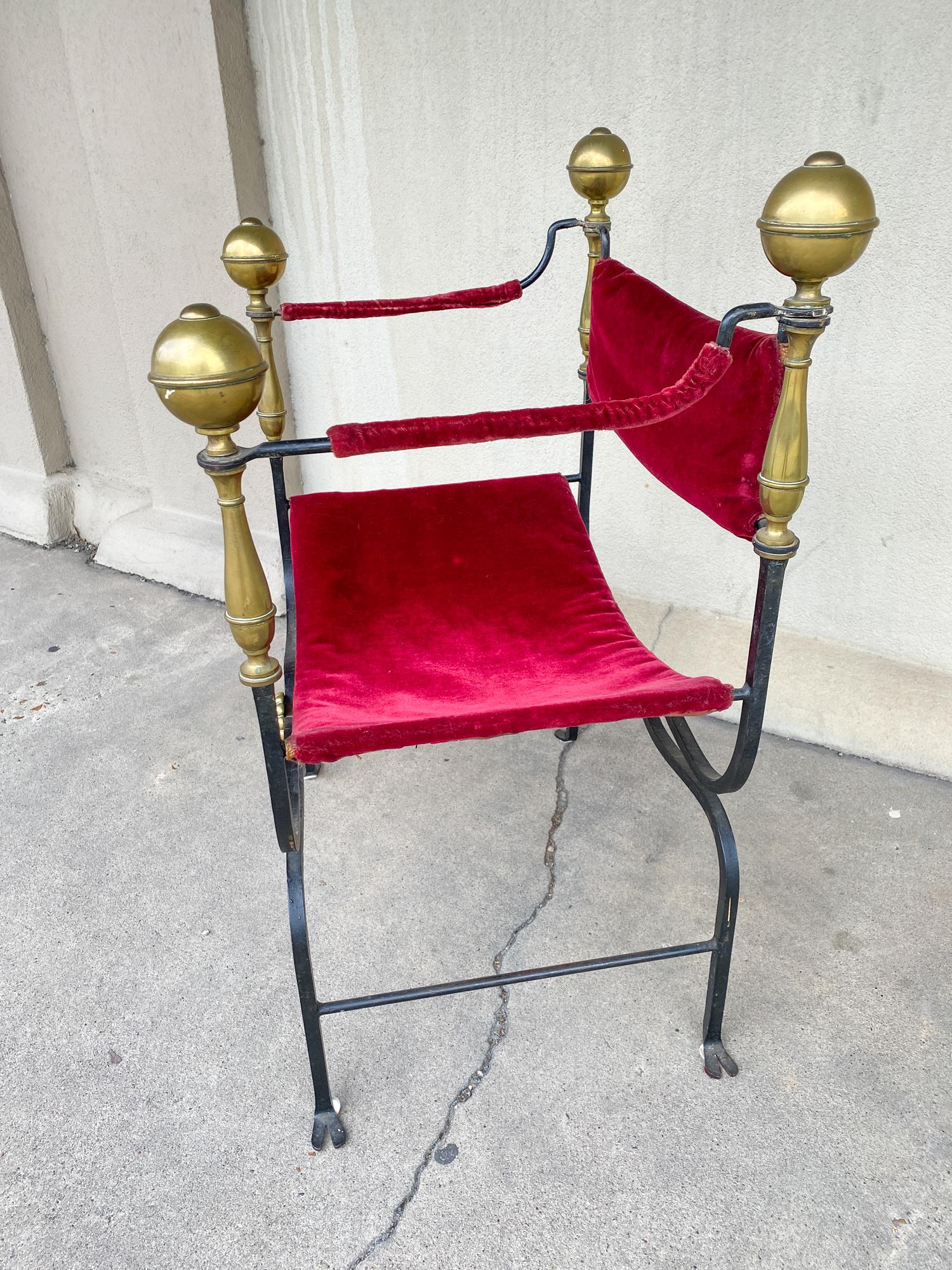 Midcentury Spanish Iron Savonarola Chair with Brass Accents and Red Velvet 1