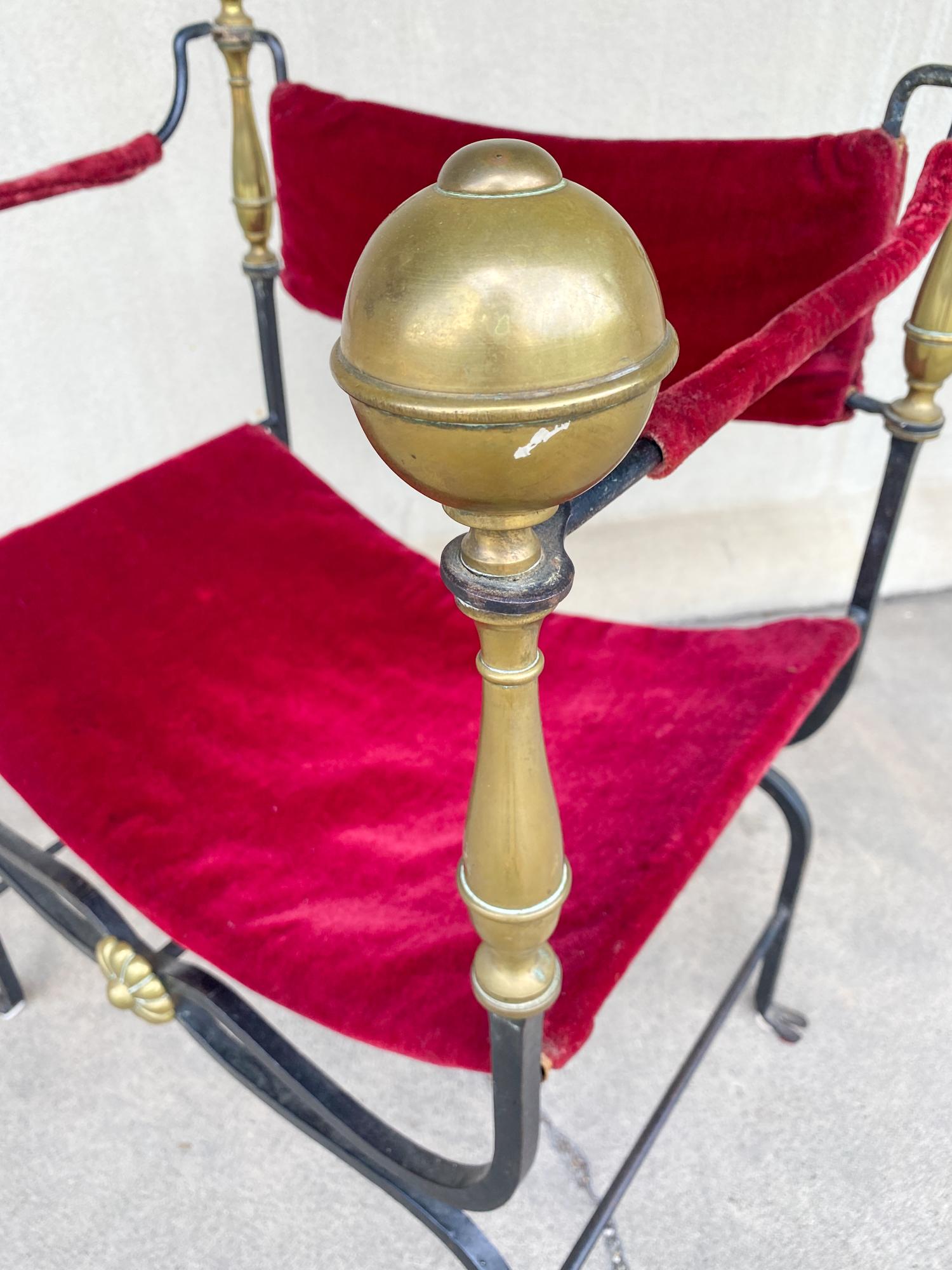 Midcentury Spanish Iron Savonarola Chair with Brass Accents and Red Velvet 2