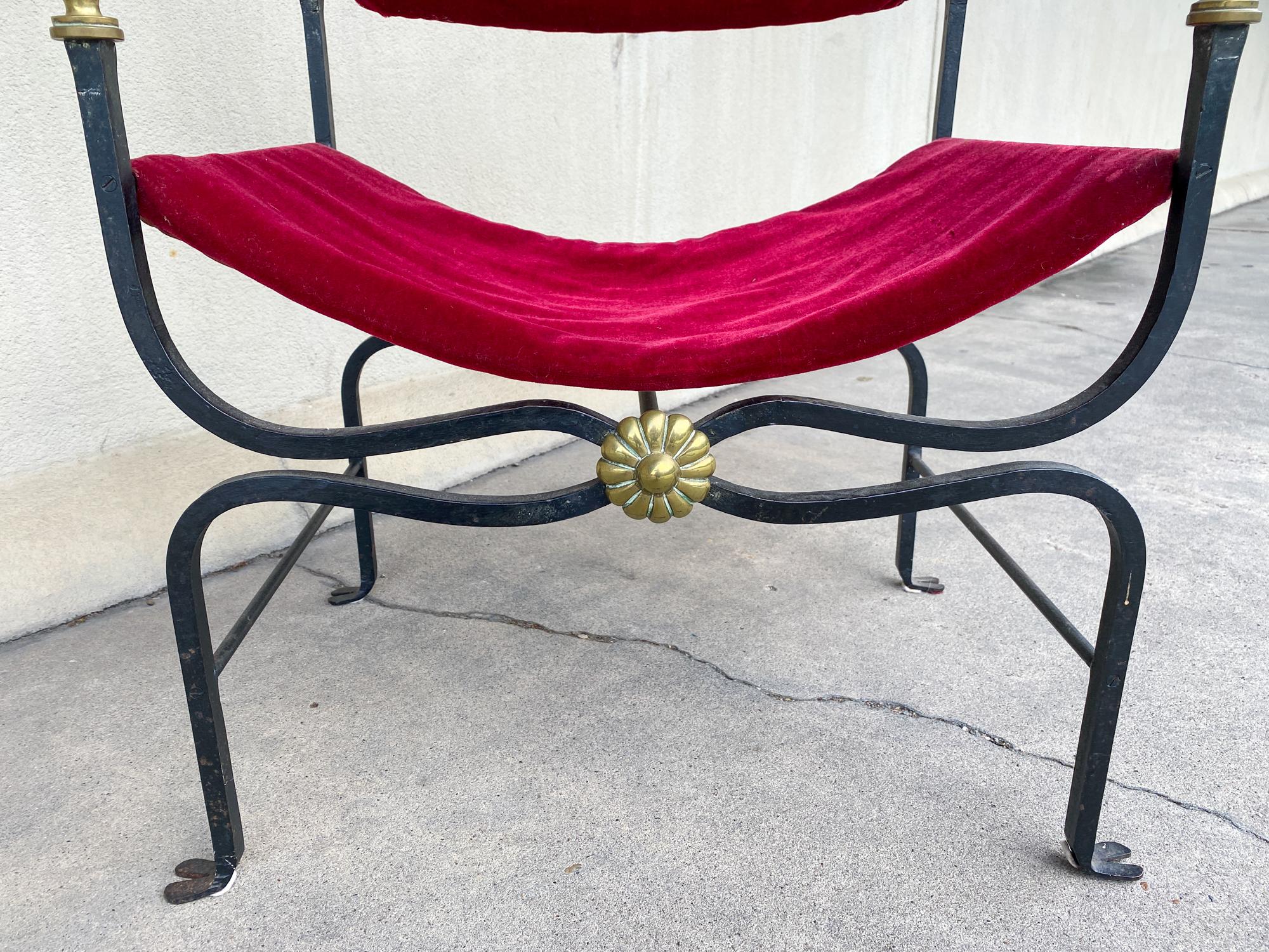 Midcentury Spanish Iron Savonarola Chair with Brass Accents and Red Velvet 4