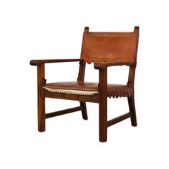Mid-Century Spanish Moorish Lounge Chair, Oak Frame, Leather, Brass Studs