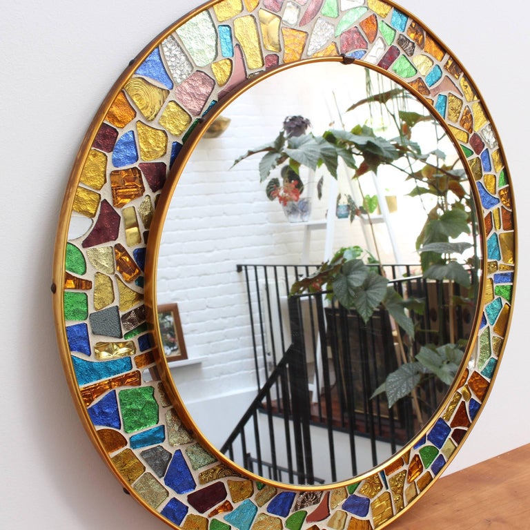 Mid-century Spanish Mosaic Round Wall Mirror, circa 1960s at 1stDibs