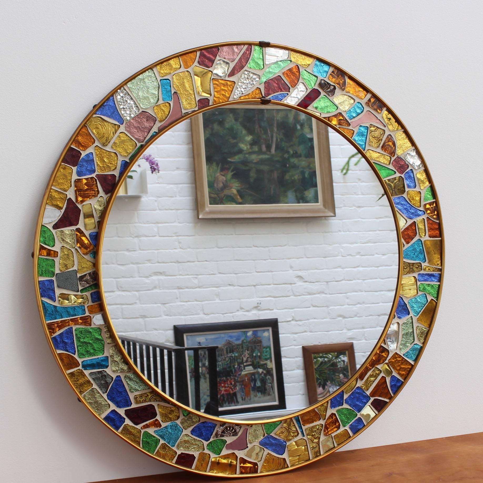 Brass Mid-century Spanish Mosaic Round Wall Mirror, circa 1960s