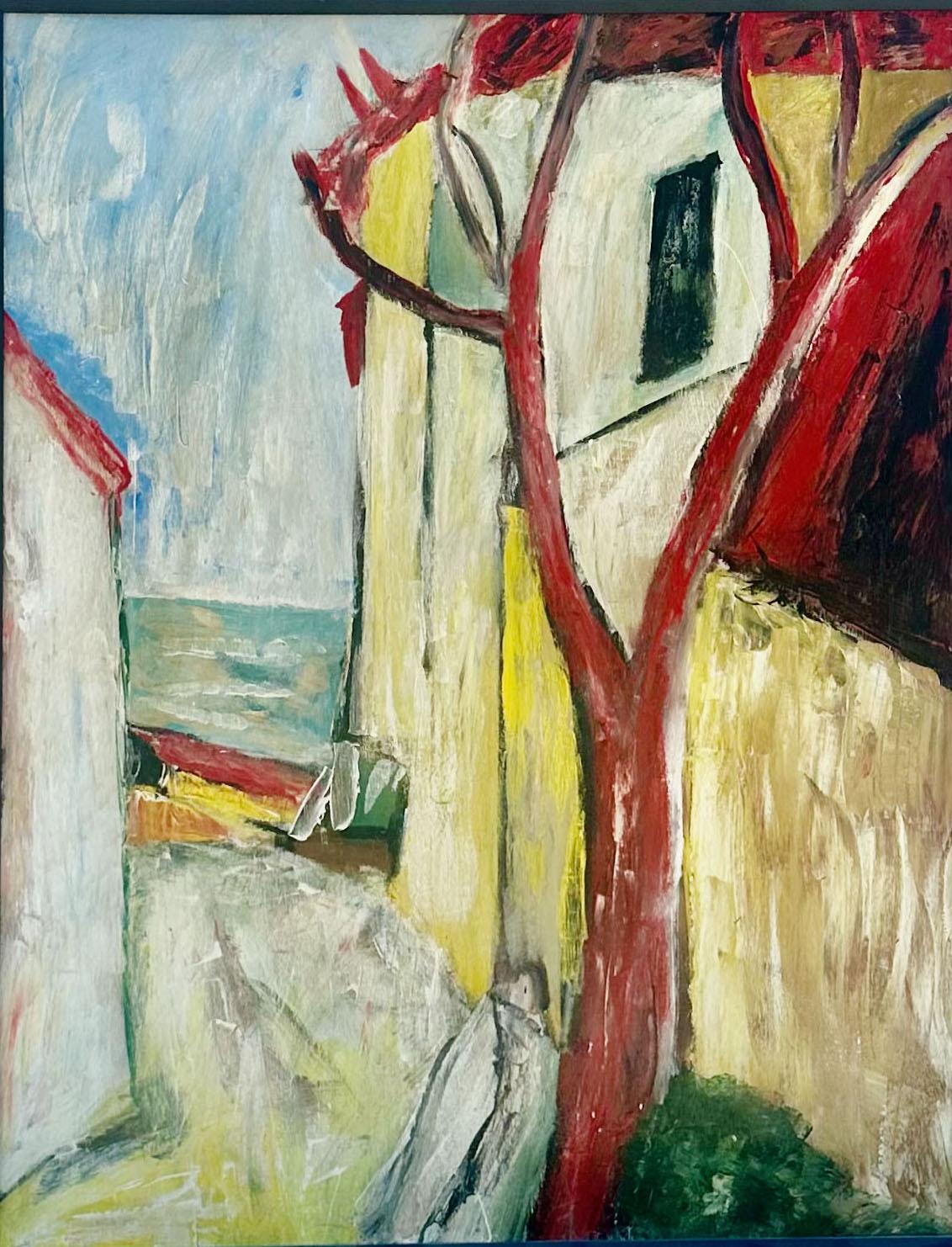 Ein großes und lebendiges spanisches Ölgemälde aus der Mitte des Jahrhunderts, das einen dramatischen roten Baum vor einer Stadtlandschaft zeigt. Der ausdrucksstarke Pinselstrich des Künstlers und die kühne Verwendung von Farben verleihen der Szene