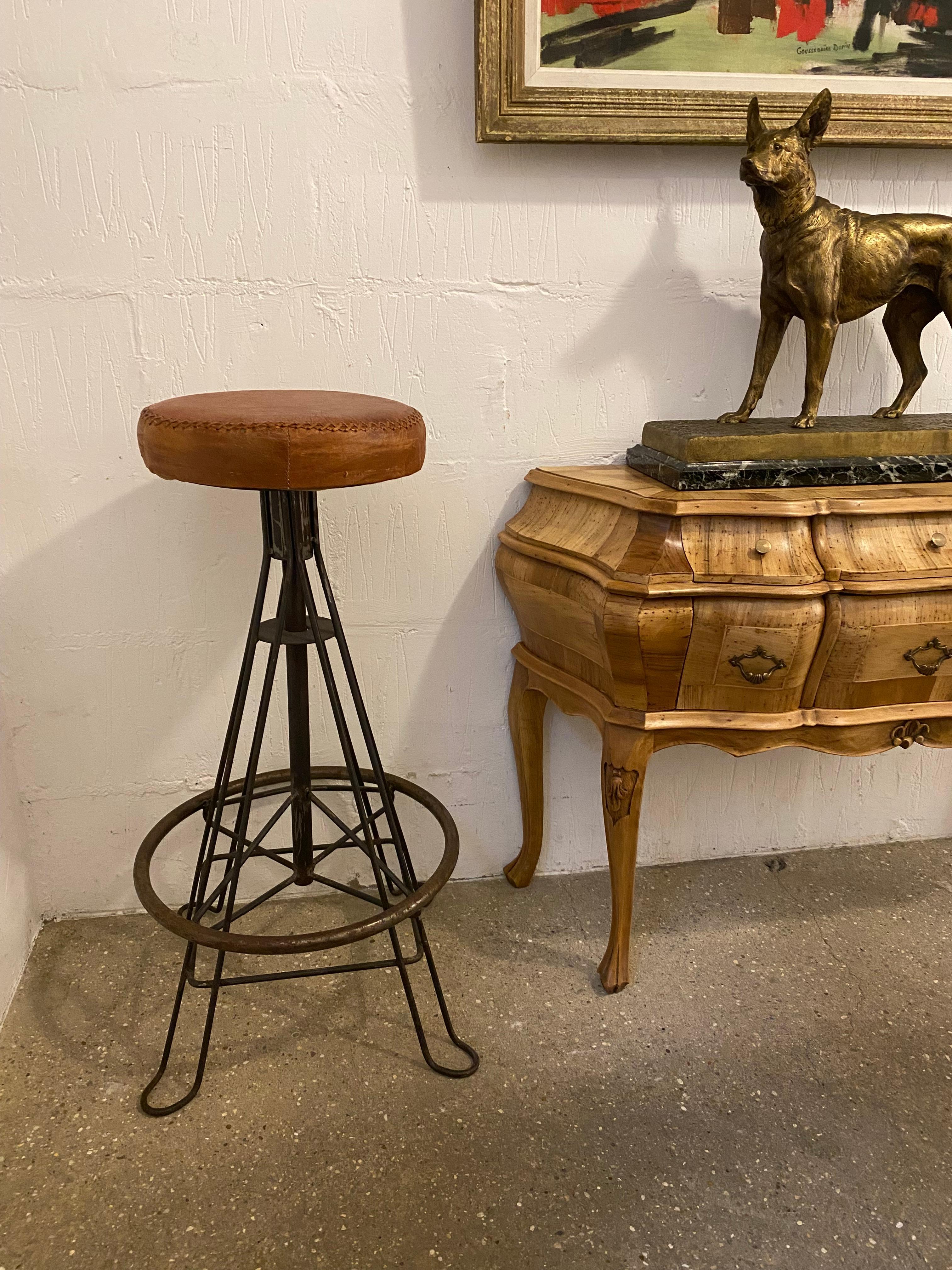Mid-Century Spanish, Pair of  Wrought Iron And Stitched Leather Stools For Sale 1