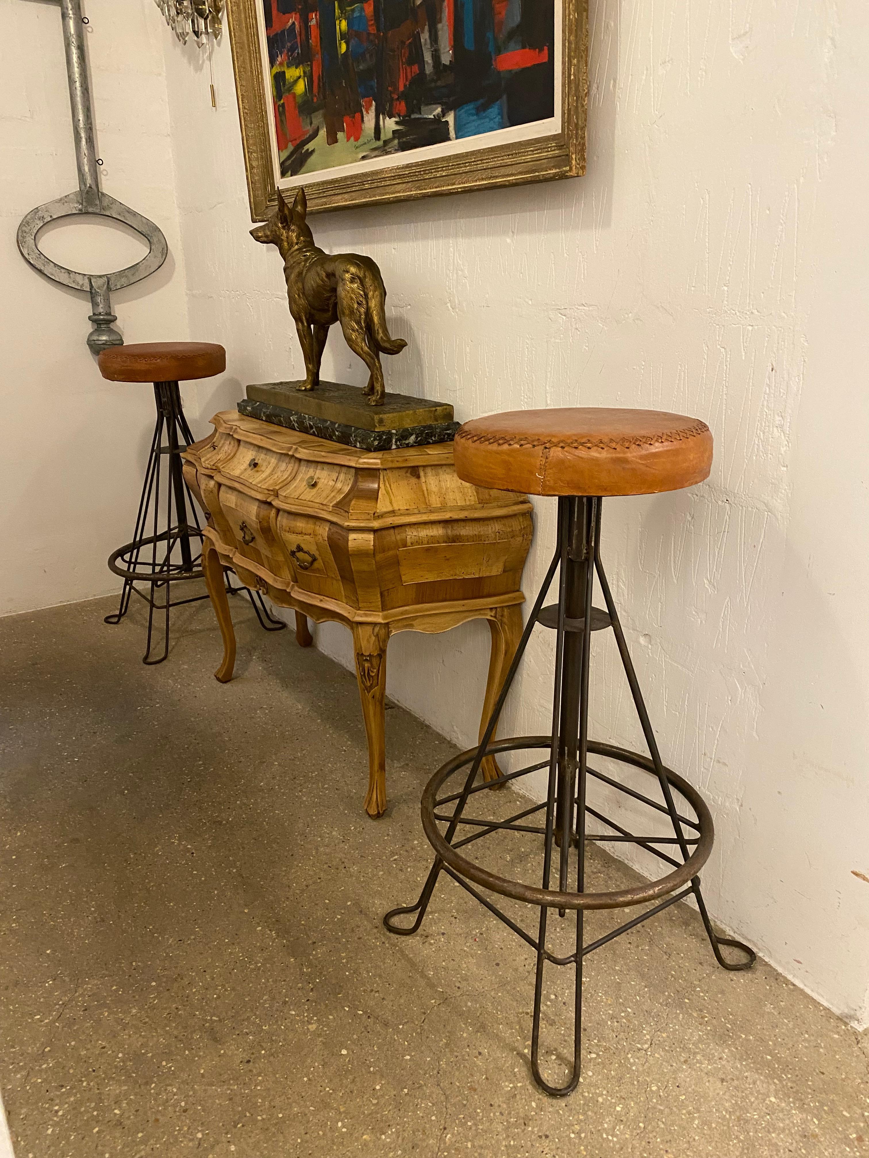 Mid-Century Spanish, Pair of  Wrought Iron And Stitched Leather Stools For Sale 2