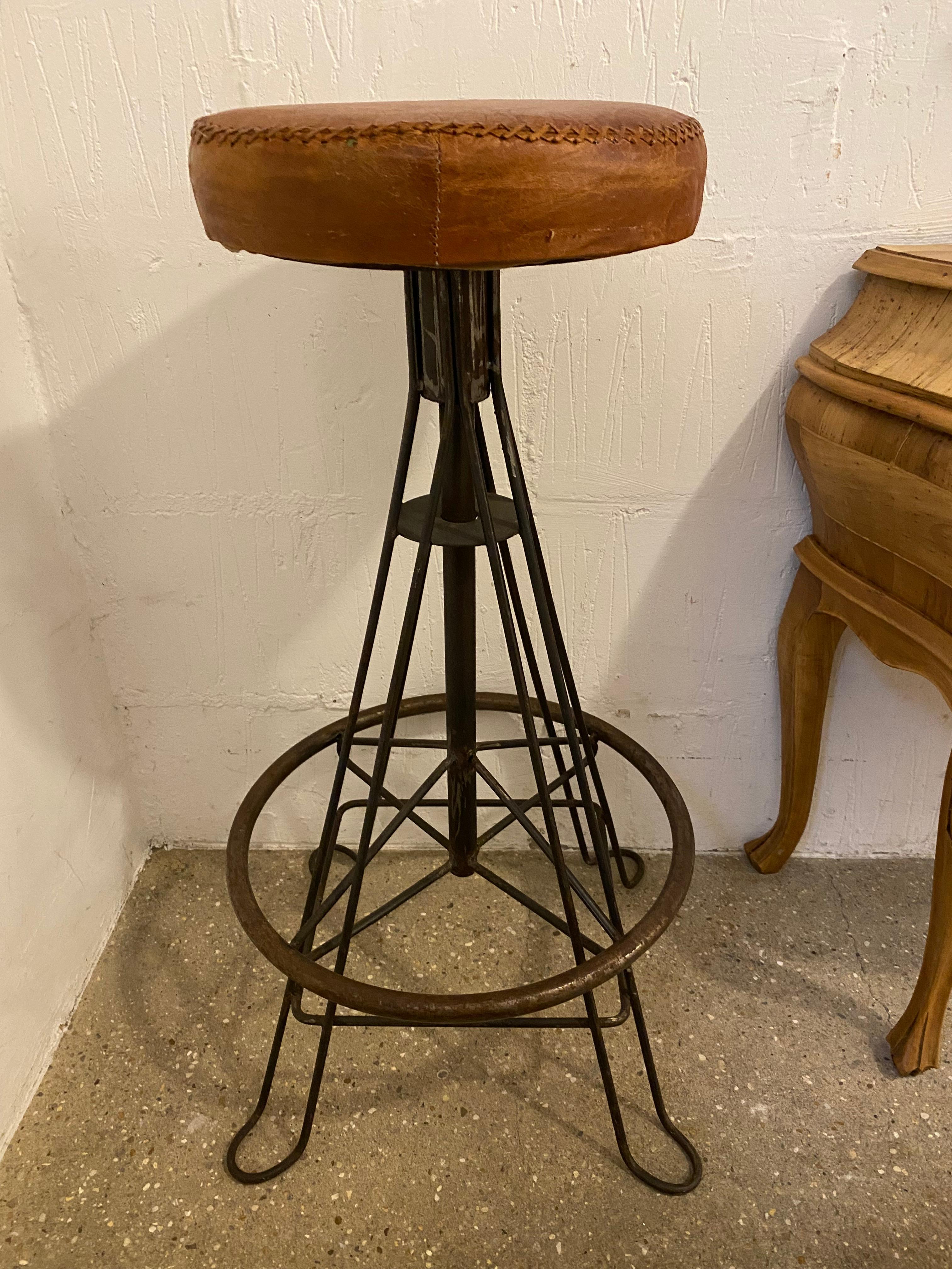 Mid-Century Spanish, Pair of  Wrought Iron And Stitched Leather Stools For Sale 3