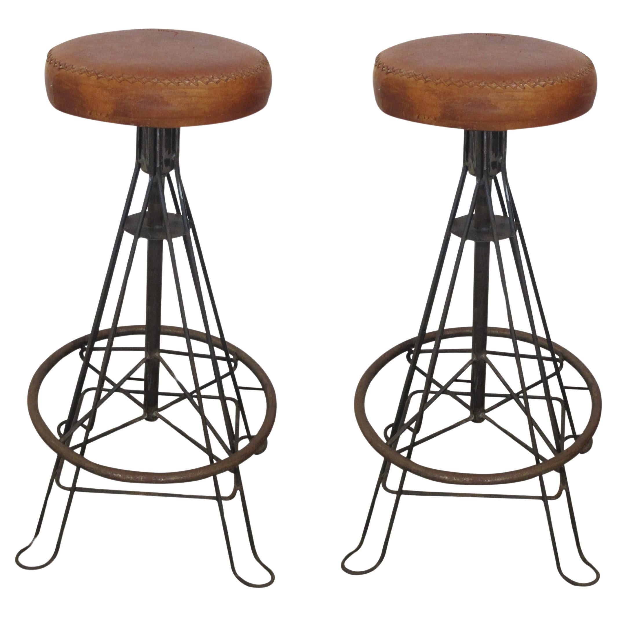 Mid-Century Spanish, Pair of  Wrought Iron And Stitched Leather Stools For Sale