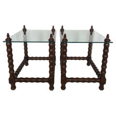 Jacobean Style Turned Wood and Glass End Tables, Pair